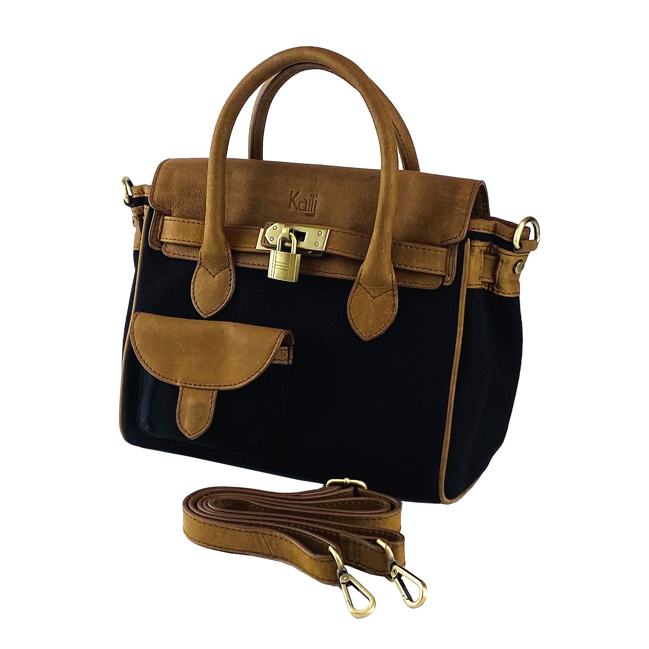 Leather Mini Hand Bag Made in Italy. Removable shoulder strap. Antique Brass metal snap hook attachments - Black