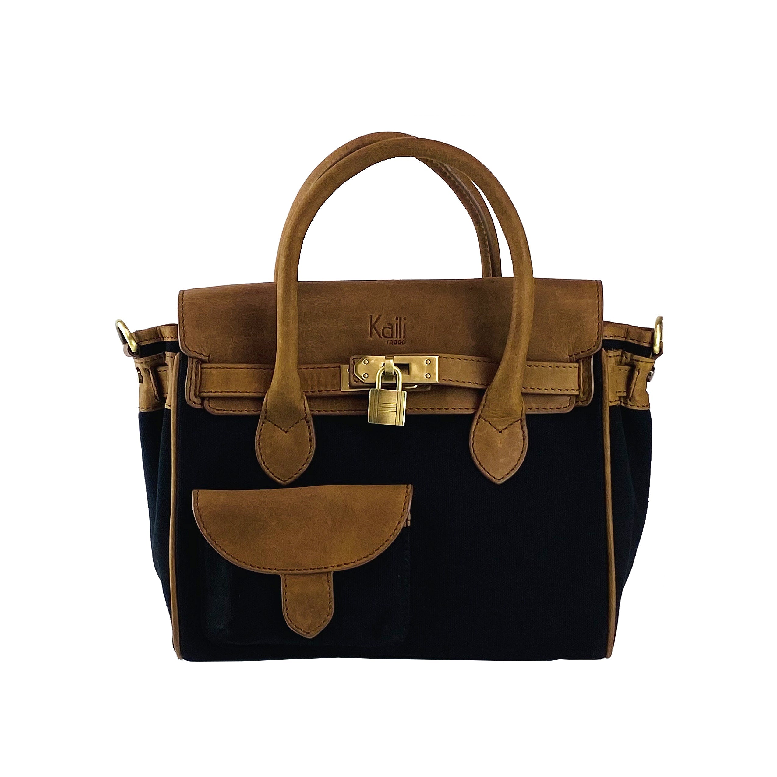 Leather Mini Hand Bag Made in Italy. Removable shoulder strap. Antique Brass metal snap hook attachments - Black