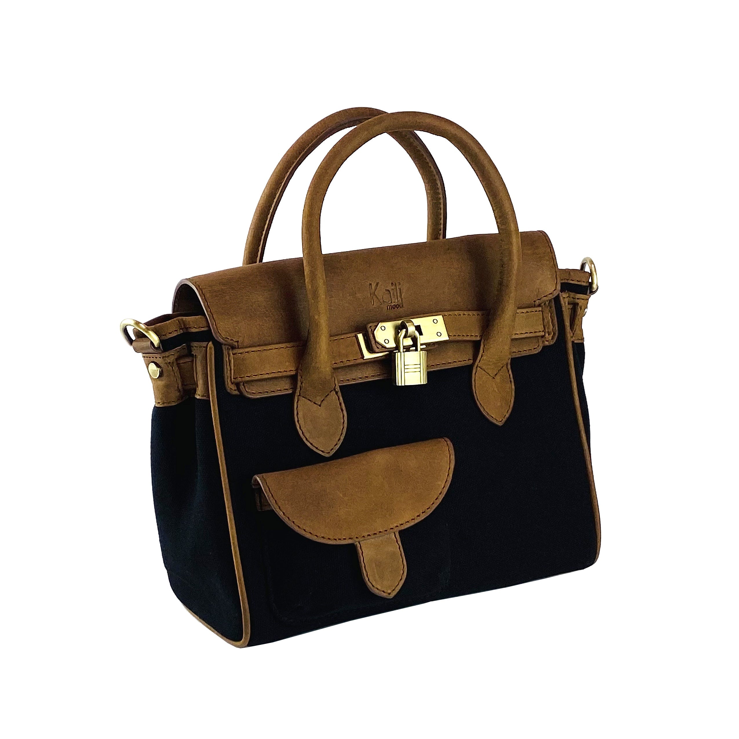 Leather Mini Hand Bag Made in Italy. Removable shoulder strap. Antique Brass metal snap hook attachments - Black