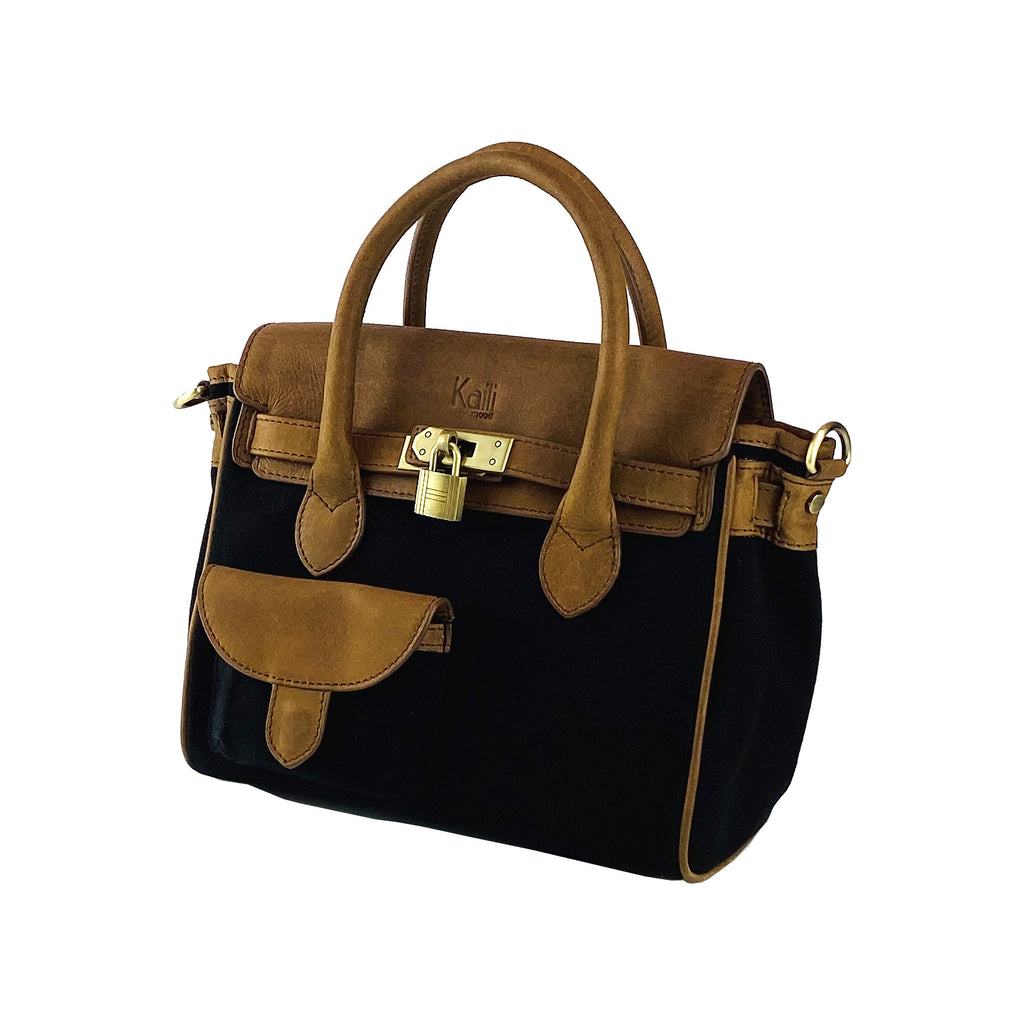 Leather Mini Hand Bag Made in Italy. Removable shoulder strap. Antique Brass metal snap hook attachments - Black