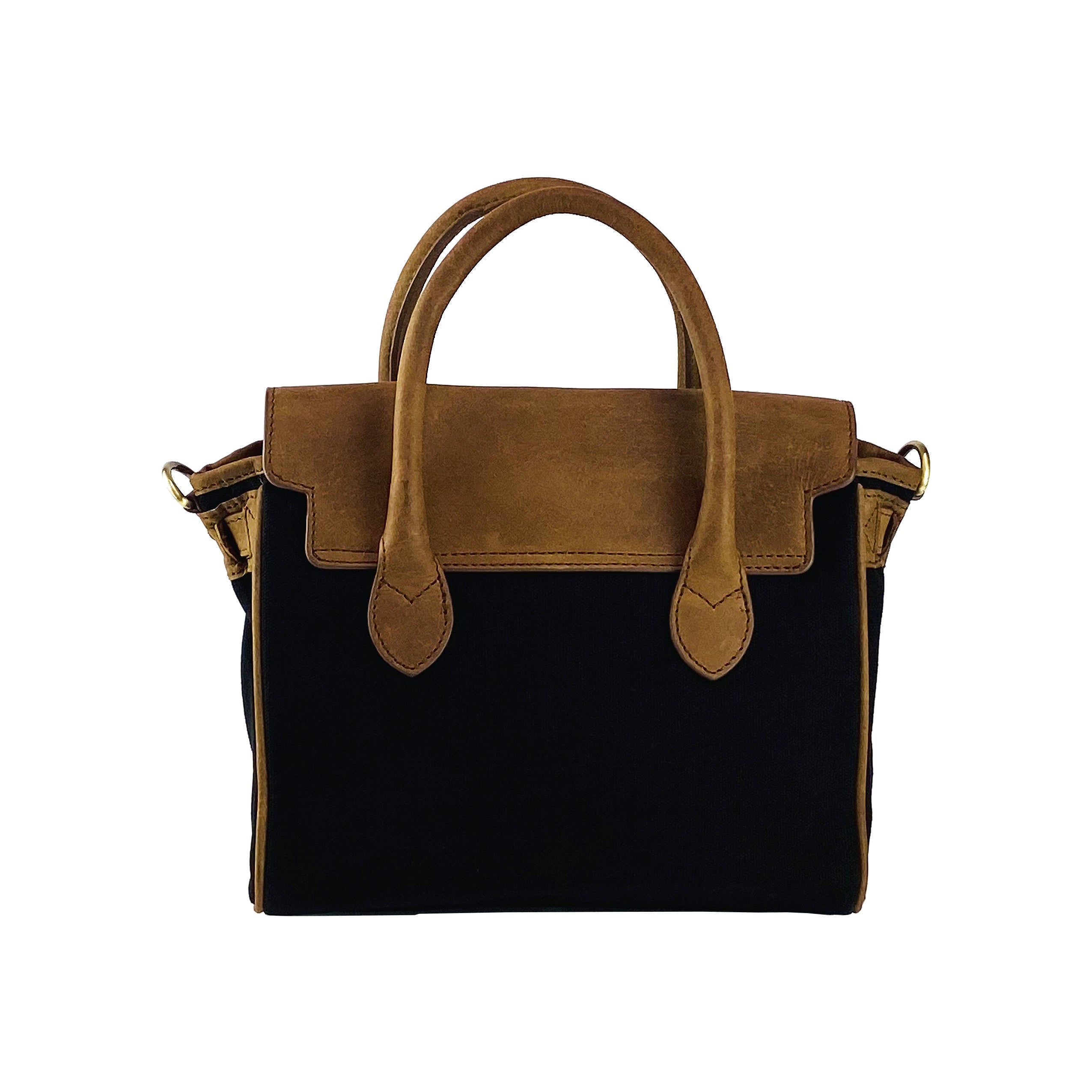 Leather Mini Hand Bag Made in Italy. Removable shoulder strap. Antique Brass metal snap hook attachments - Black