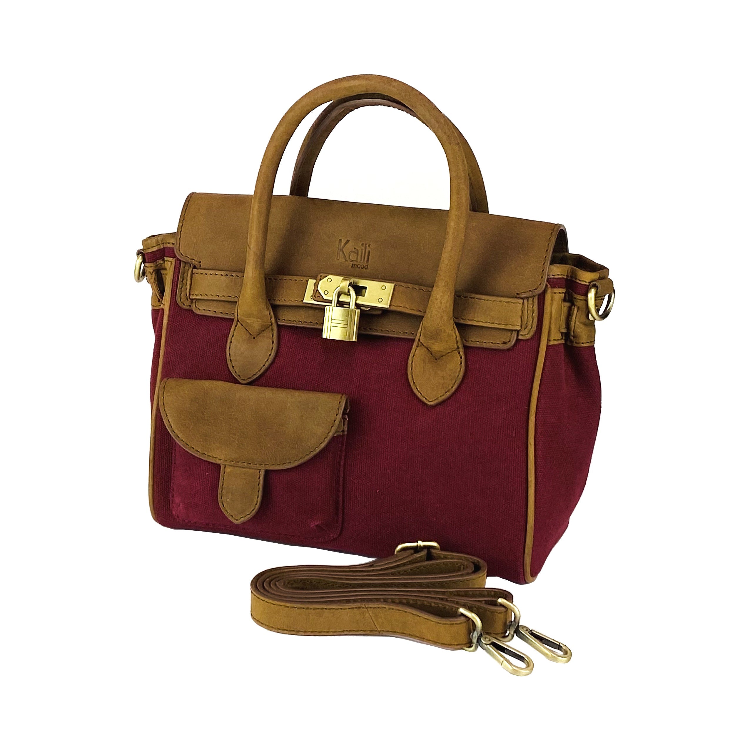Canvas/Vera Leather Mini Hand Bag Made in Italy. Removable shoulder strap. Antique Brass metal snap hook attachments - Bordeaux color