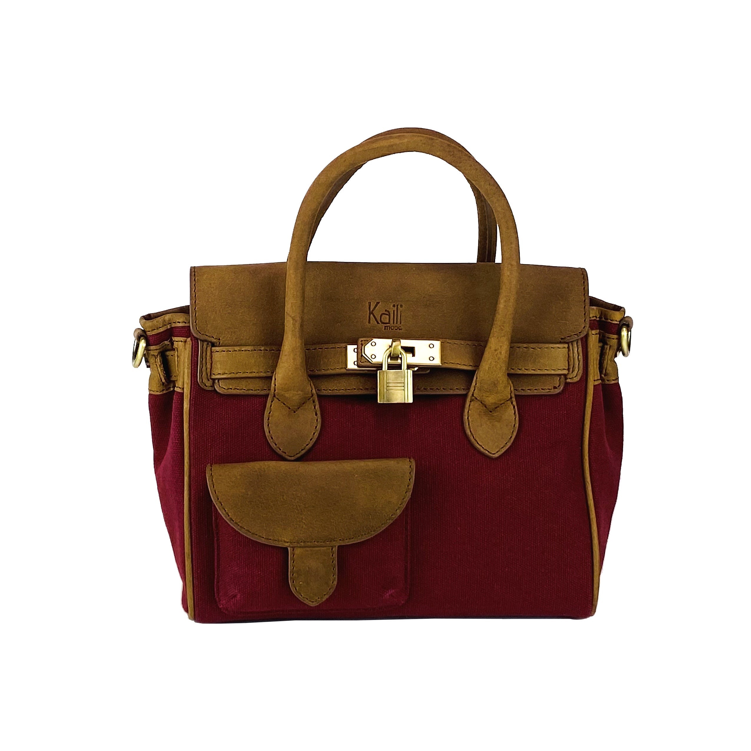 Canvas/Vera Leather Mini Hand Bag Made in Italy. Removable shoulder strap. Antique Brass metal snap hook attachments - Bordeaux color