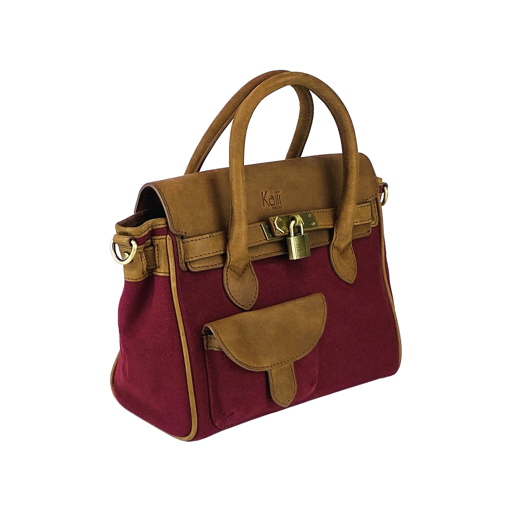 Canvas/Vera Leather Mini Hand Bag Made in Italy. Removable shoulder strap. Antique Brass metal snap hook attachments - Bordeaux color