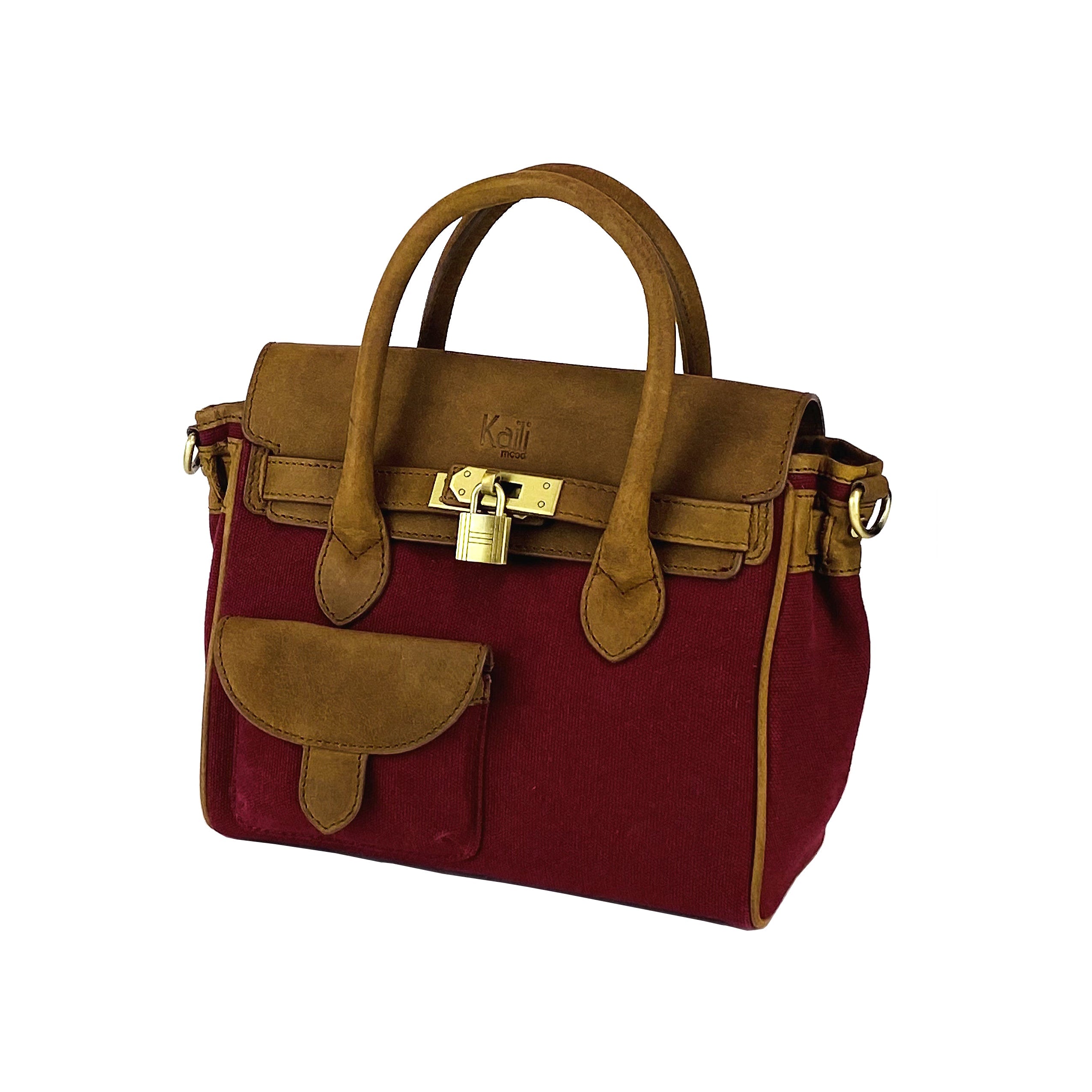 Canvas/Vera Leather Mini Hand Bag Made in Italy. Removable shoulder strap. Antique Brass metal snap hook attachments - Bordeaux color