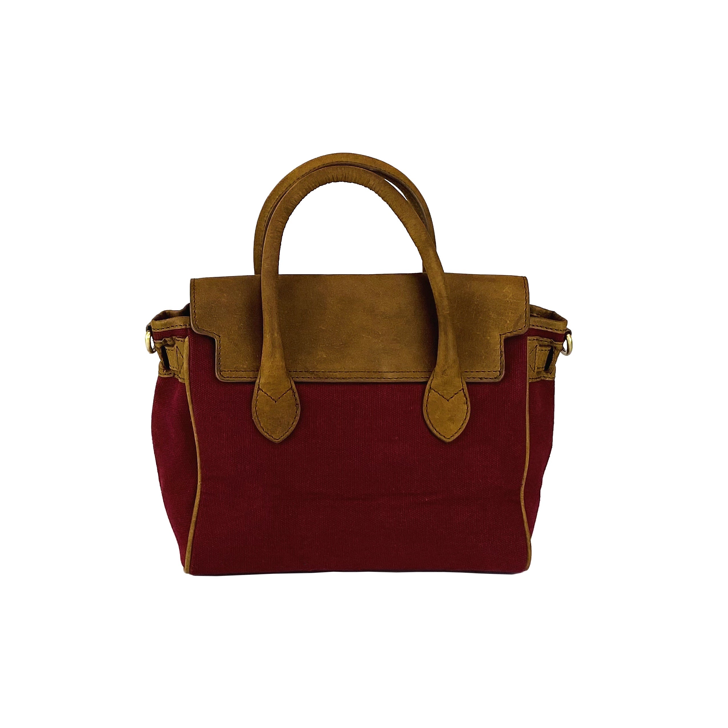 Canvas/Vera Leather Mini Hand Bag Made in Italy. Removable shoulder strap. Antique Brass metal snap hook attachments - Bordeaux color