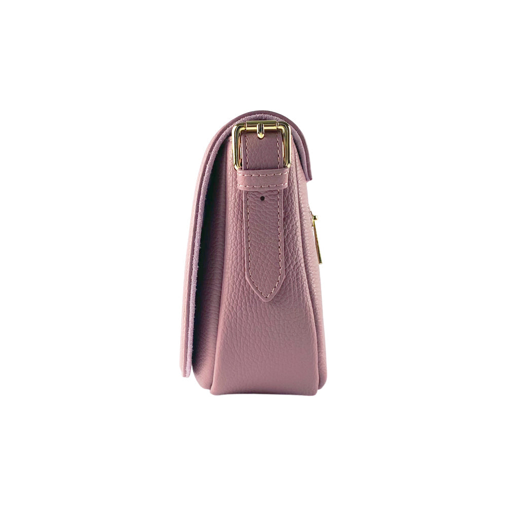Leather Shoulder Bag with Removable Leather Shoulder Strap and Shiny Gold Metal Buckle Attachments - Antique Pink