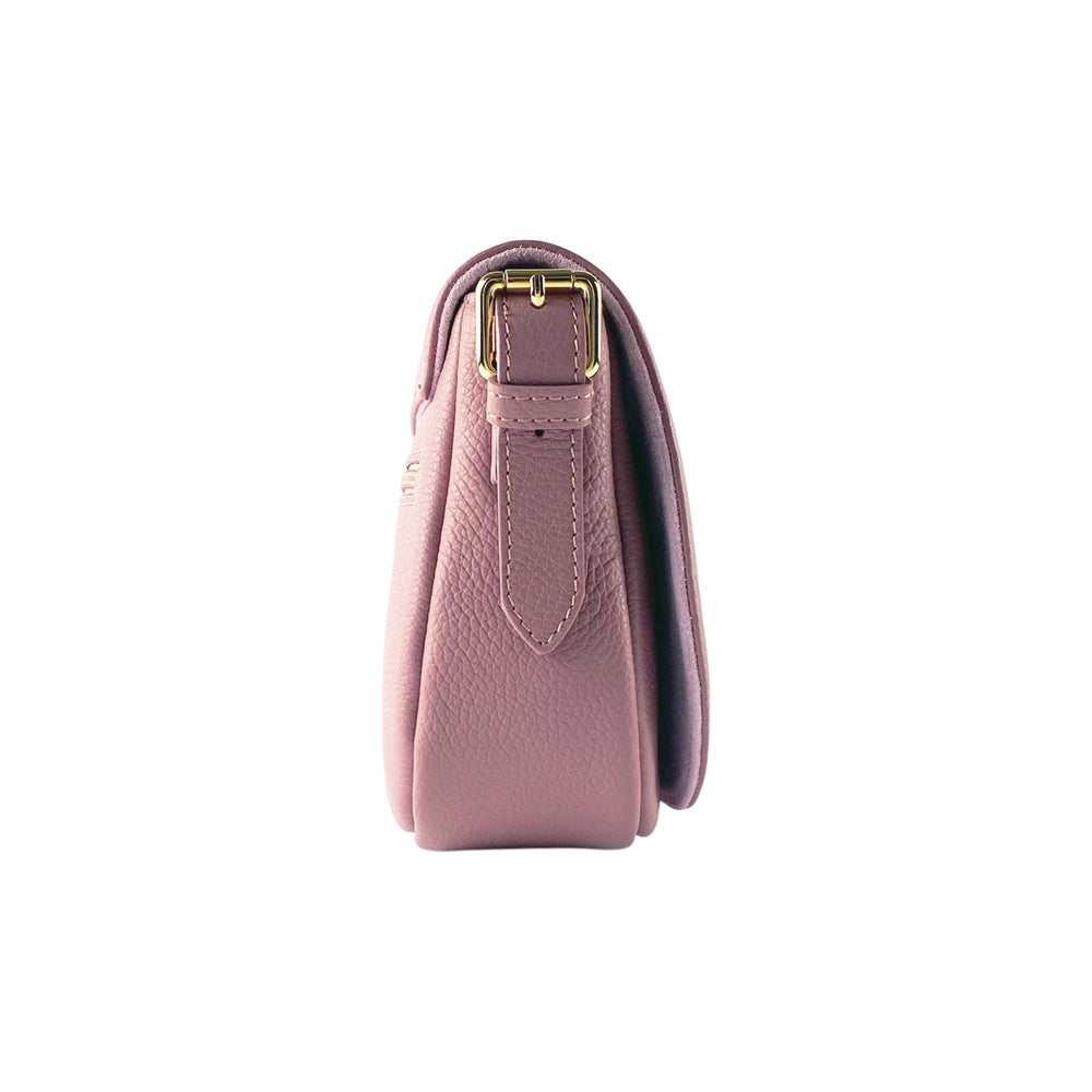 Leather Shoulder Bag with Removable Leather Shoulder Strap and Shiny Gold Metal Buckle Attachments - Antique Pink
