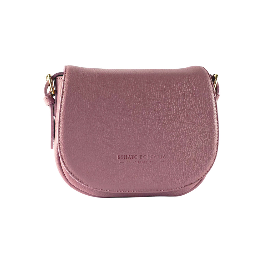 Leather Shoulder Bag with Removable Leather Shoulder Strap and Shiny Gold Metal Buckle Attachments - Antique Pink
