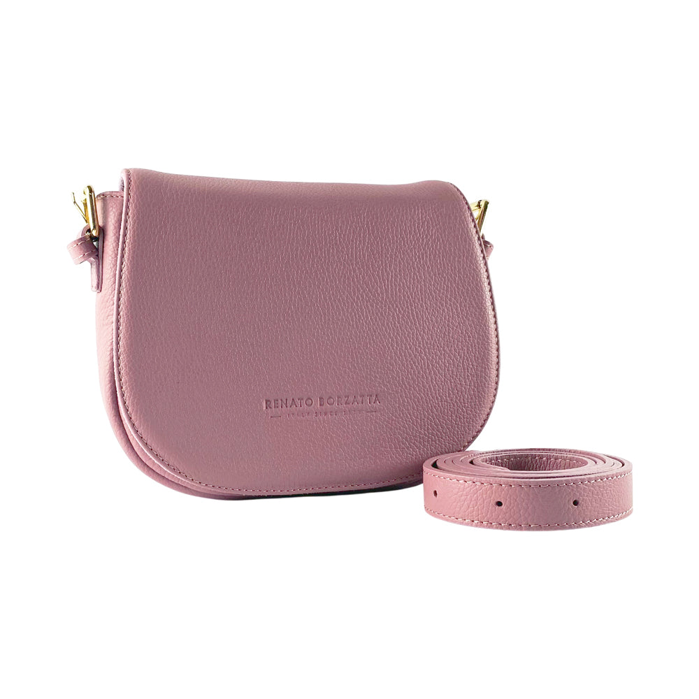 Leather Shoulder Bag with Removable Leather Shoulder Strap and Shiny Gold Metal Buckle Attachments - Antique Pink