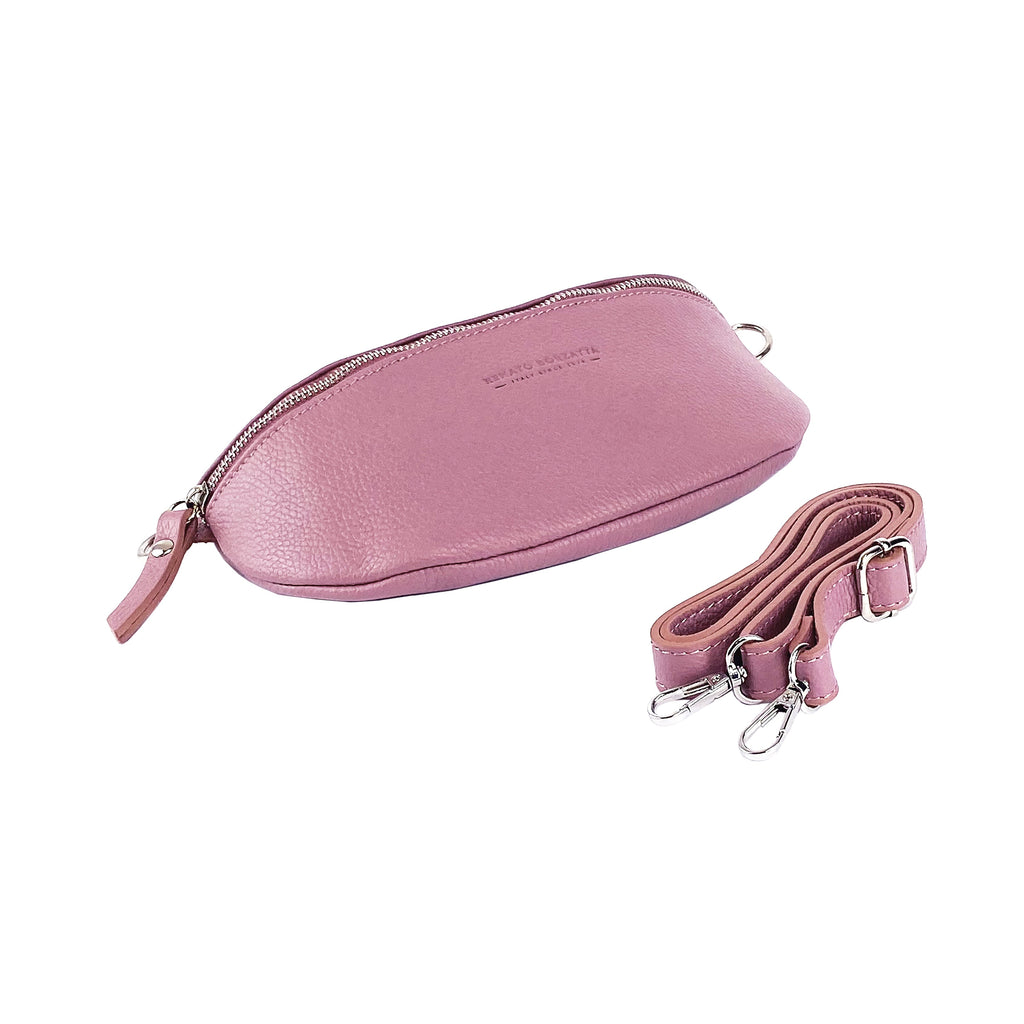 Bum Bag with removable shoulder strap in Genuine Leather Made in Italy. Polished Nickel metal snap hook attachments - Antique Pink