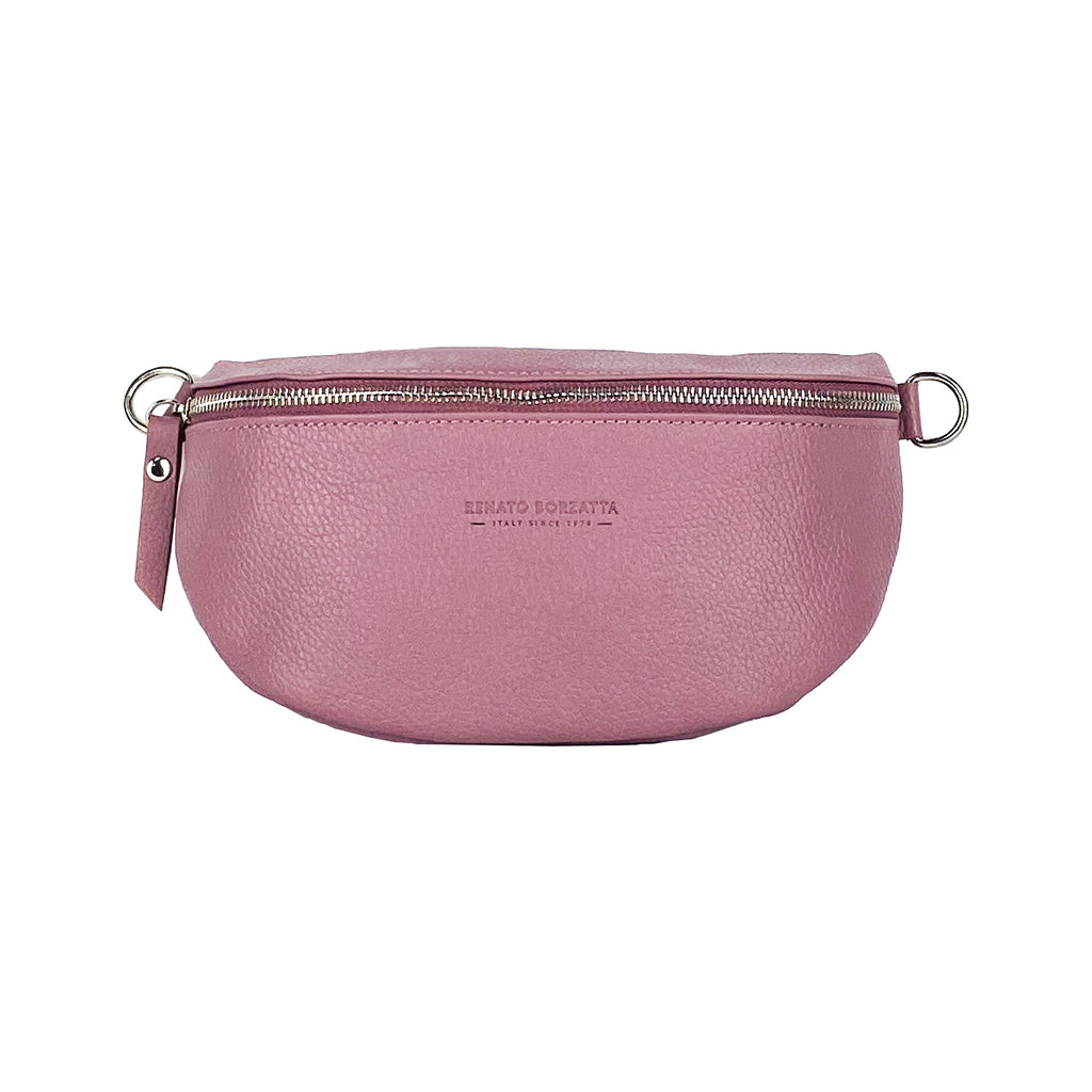 Bum Bag with removable shoulder strap in Genuine Leather Made in Italy. Polished Nickel metal snap hook attachments - Antique Pink