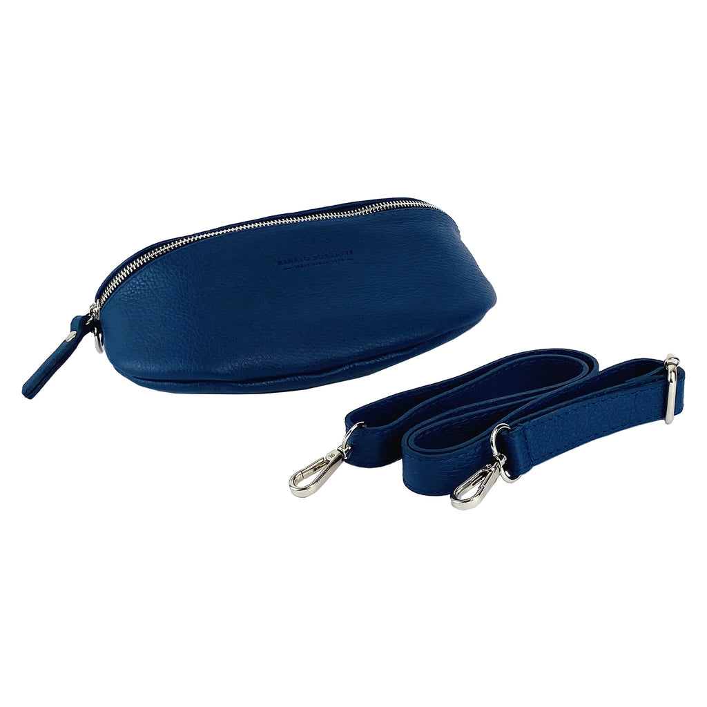 Bum Bag with removable shoulder strap in Genuine Leather Made in Italy. Polished Nickel metal snap hook attachments - Blue
