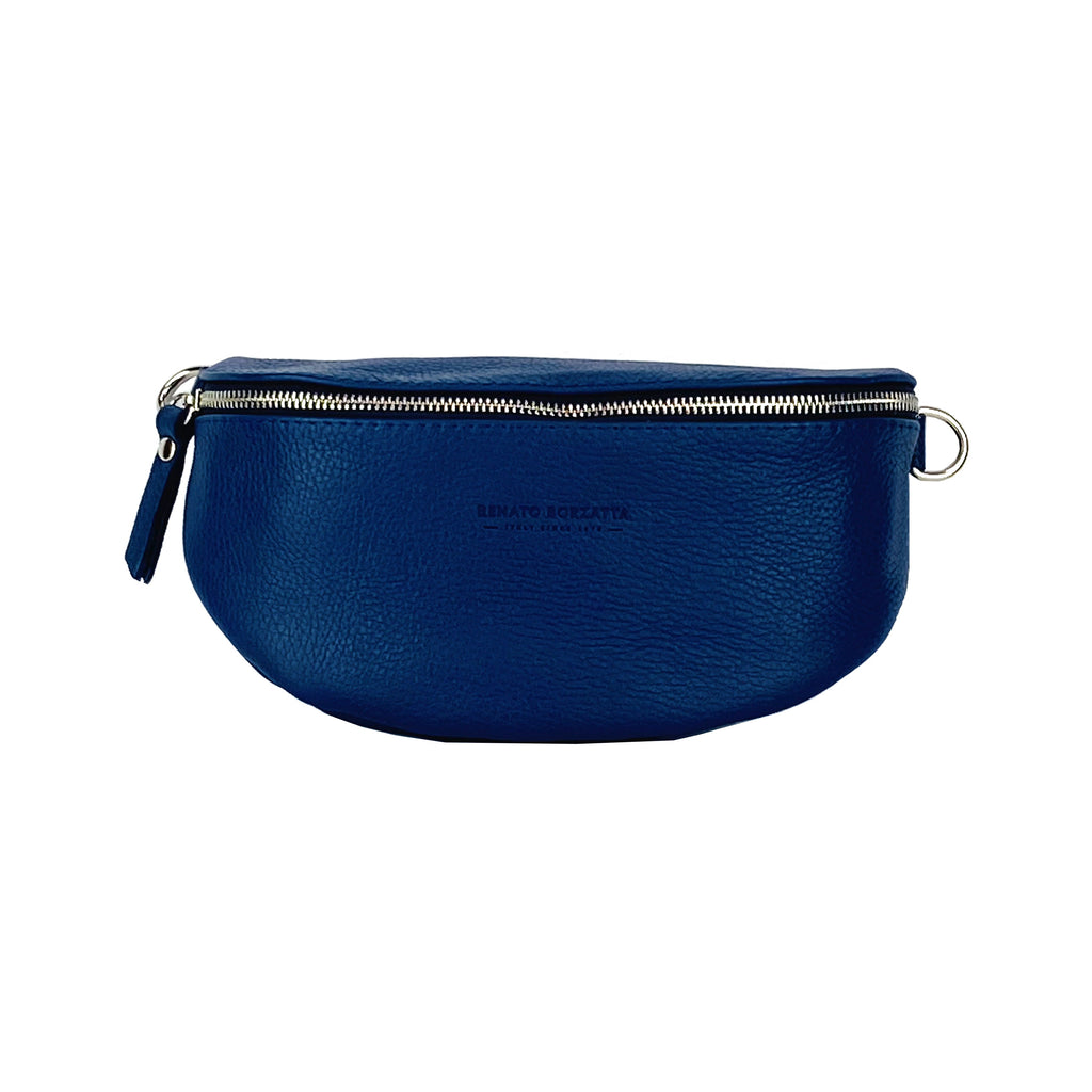 Bum Bag with removable shoulder strap in Genuine Leather Made in Italy. Polished Nickel metal snap hook attachments - Blue