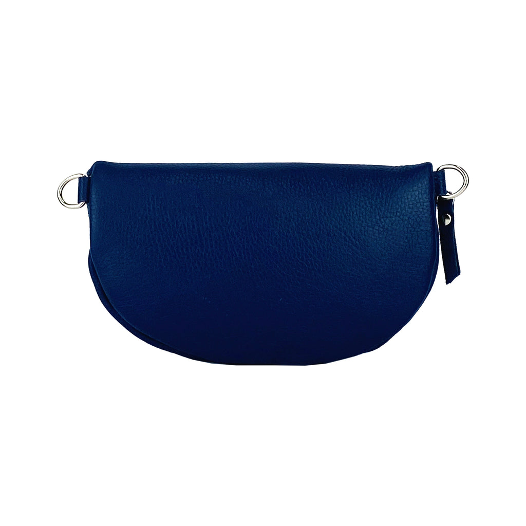 Bum Bag with removable shoulder strap in Genuine Leather Made in Italy. Polished Nickel metal snap hook attachments - Blue