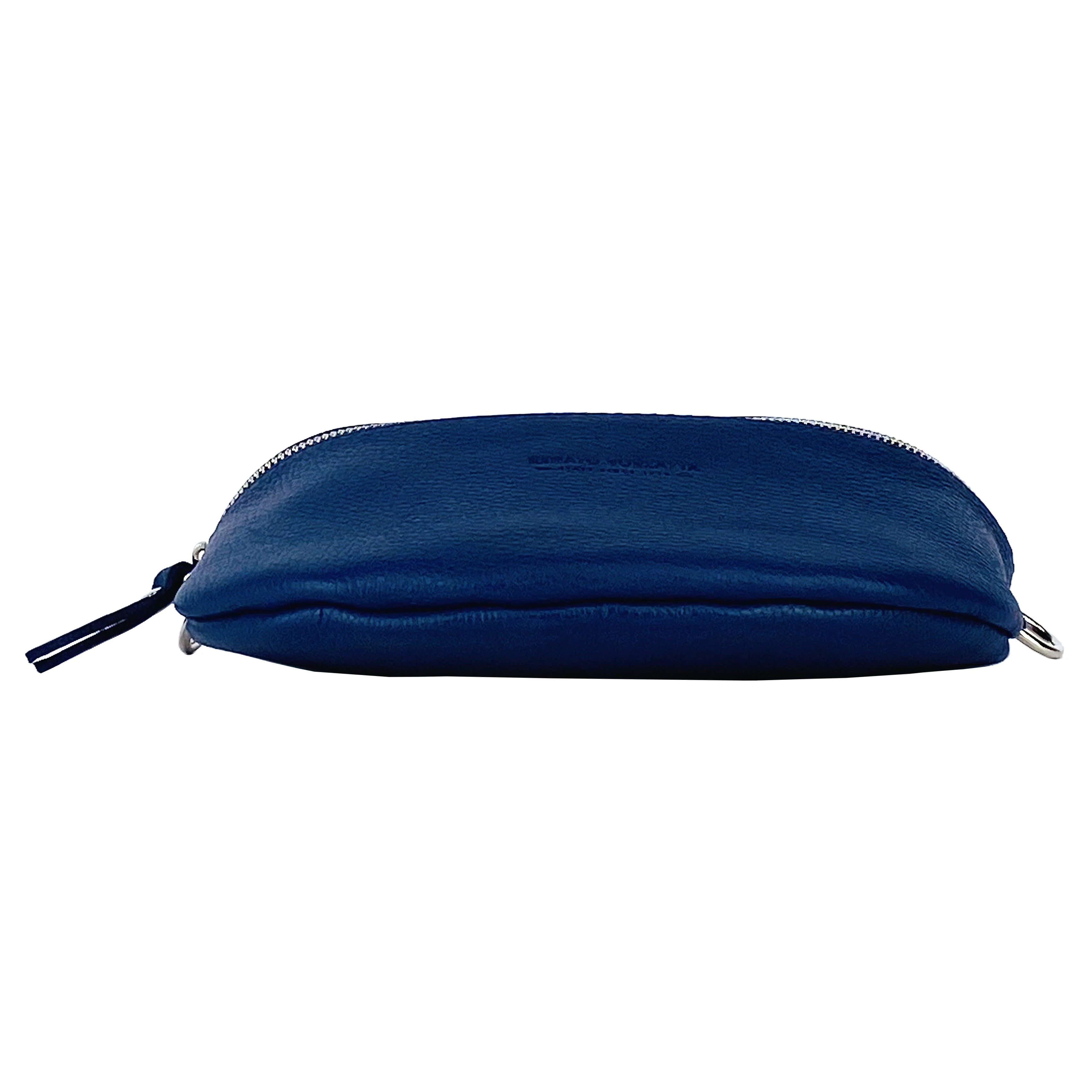 Bum Bag with removable shoulder strap in Genuine Leather Made in Italy. Polished Nickel metal snap hook attachments - Blue