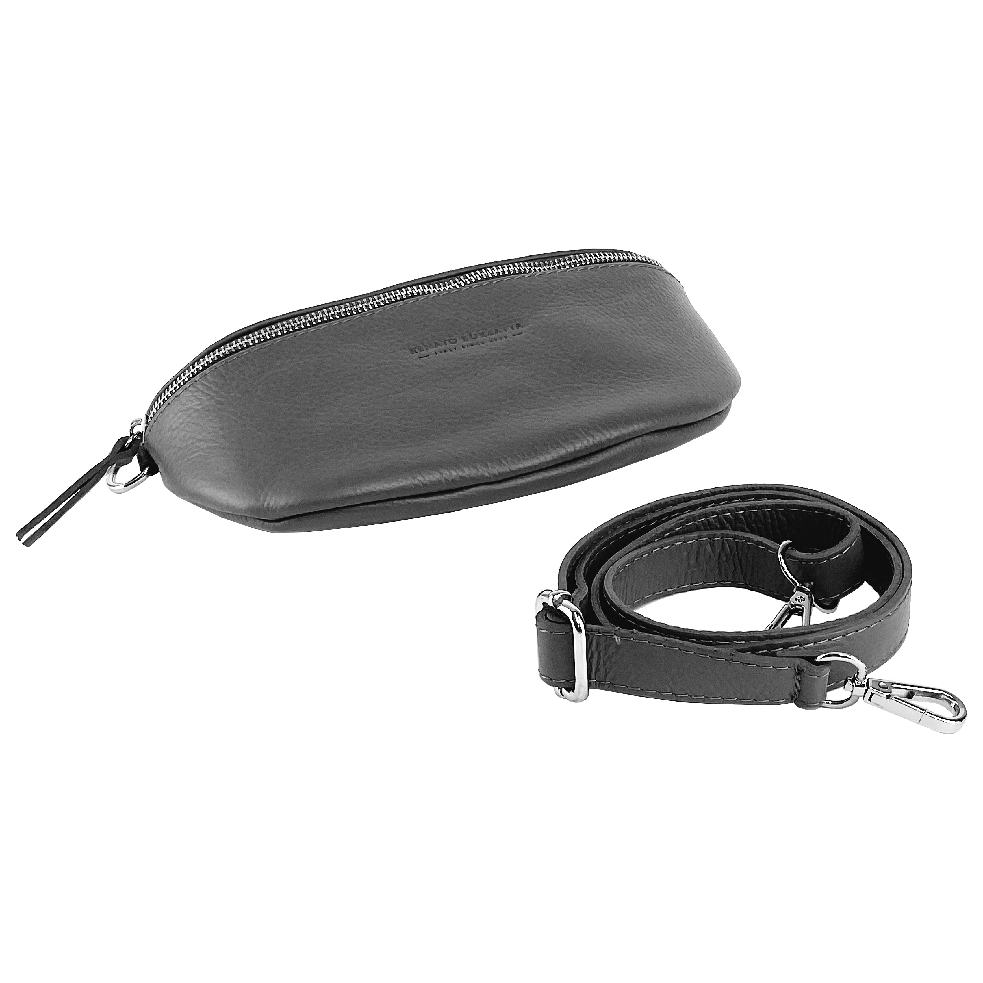 Bum Bag with removable shoulder strap in Genuine Leather Made in Italy. Polished Nickel metal snap hook attachments - Grey color