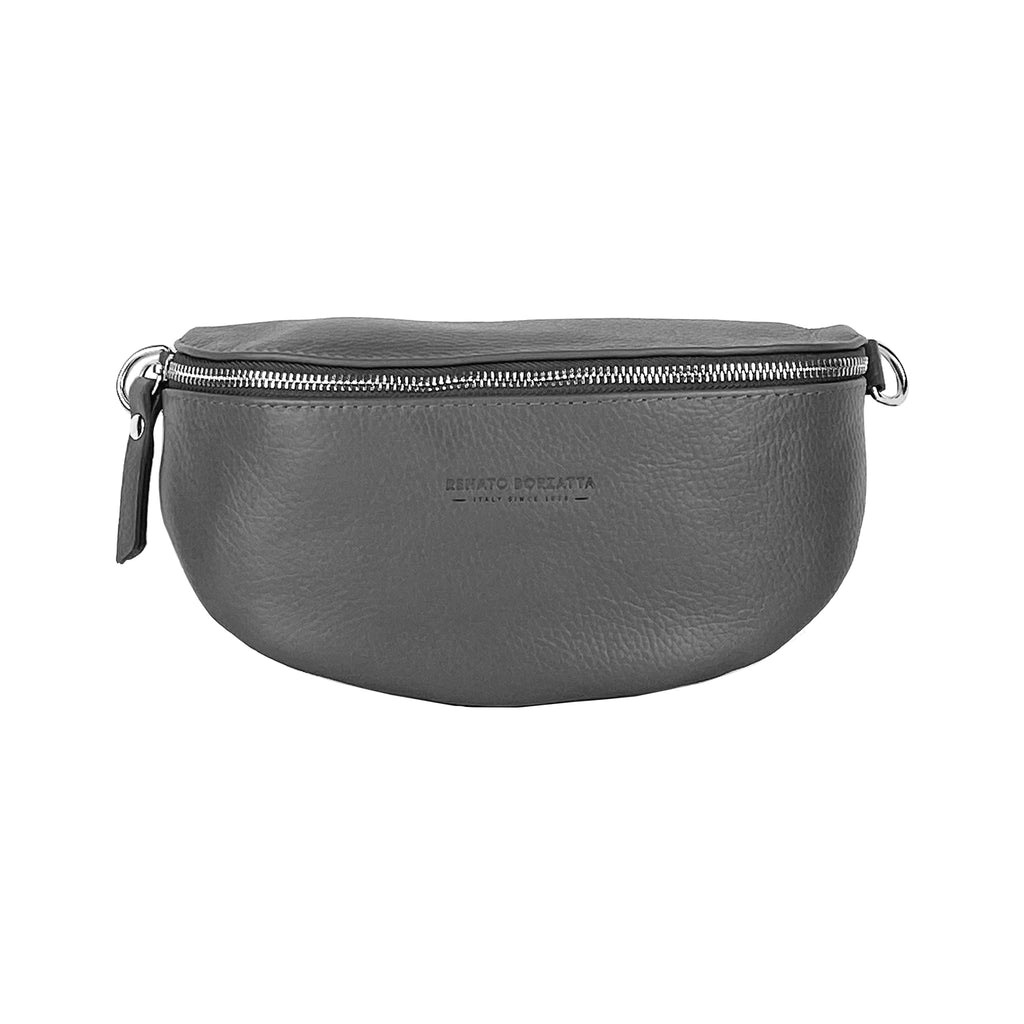 Bum Bag with removable shoulder strap in Genuine Leather Made in Italy. Polished Nickel metal snap hook attachments - Grey color