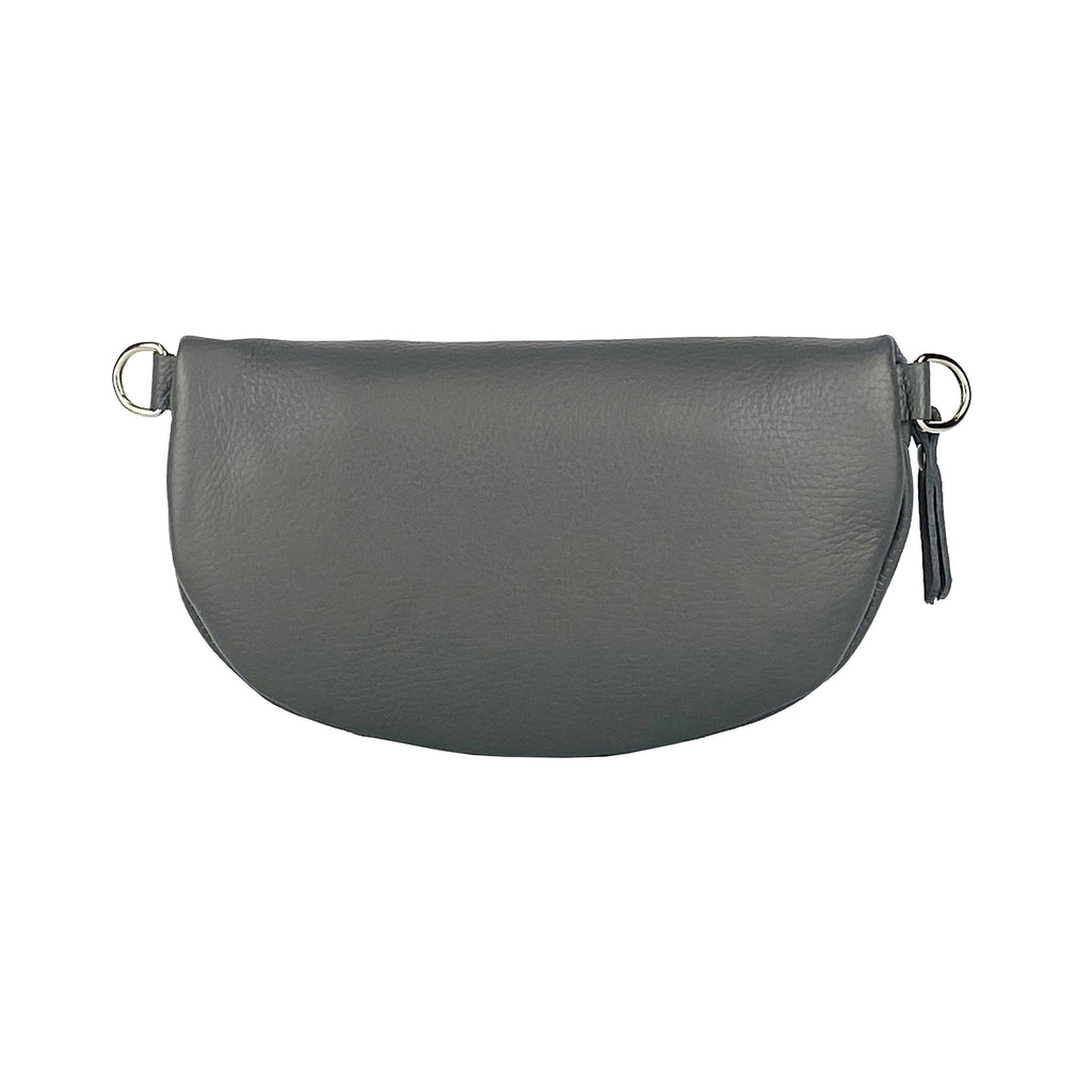 Bum Bag with removable shoulder strap in Genuine Leather Made in Italy. Polished Nickel metal snap hook attachments - Grey color
