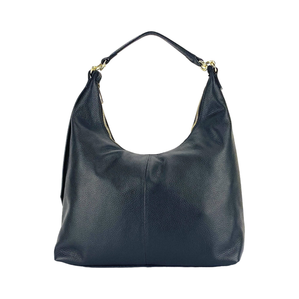 Women's Soft Shoulder Bag in Genuine Leather Made in Italy with a single handle and removable shoulder strap. Attachments with shiny gold metal snap hooks - Black