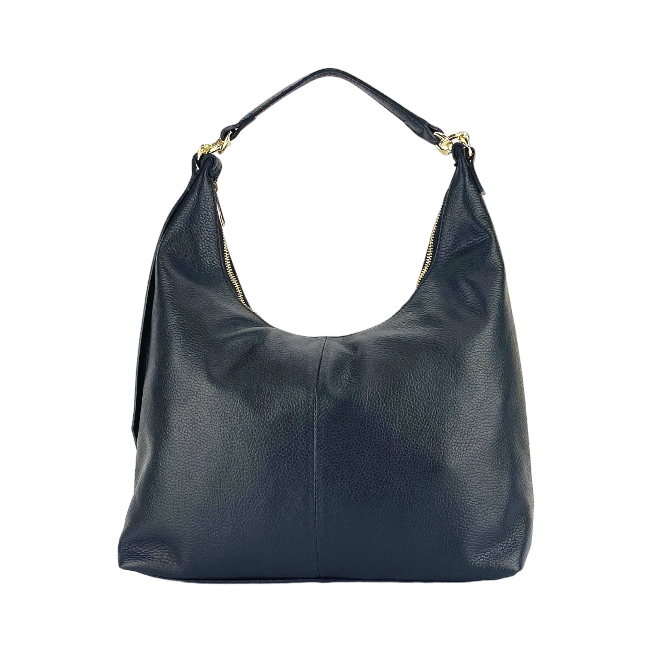 Women's Soft Shoulder Bag in Genuine Leather Made in Italy with a single handle and removable shoulder strap. Attachments with shiny gold metal snap hooks - Black