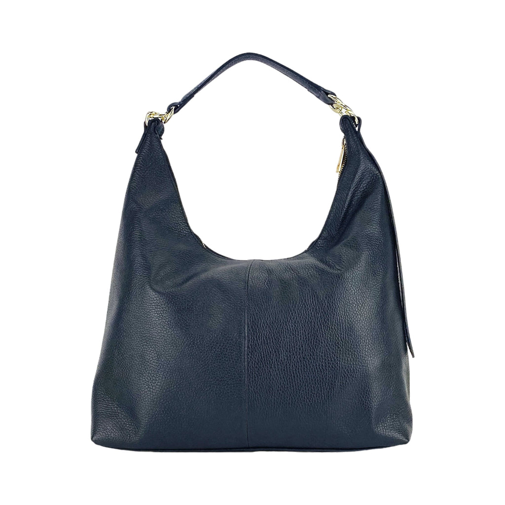 Women's Soft Shoulder Bag in Genuine Leather Made in Italy with a single handle and removable shoulder strap. Attachments with shiny gold metal snap hooks - Black