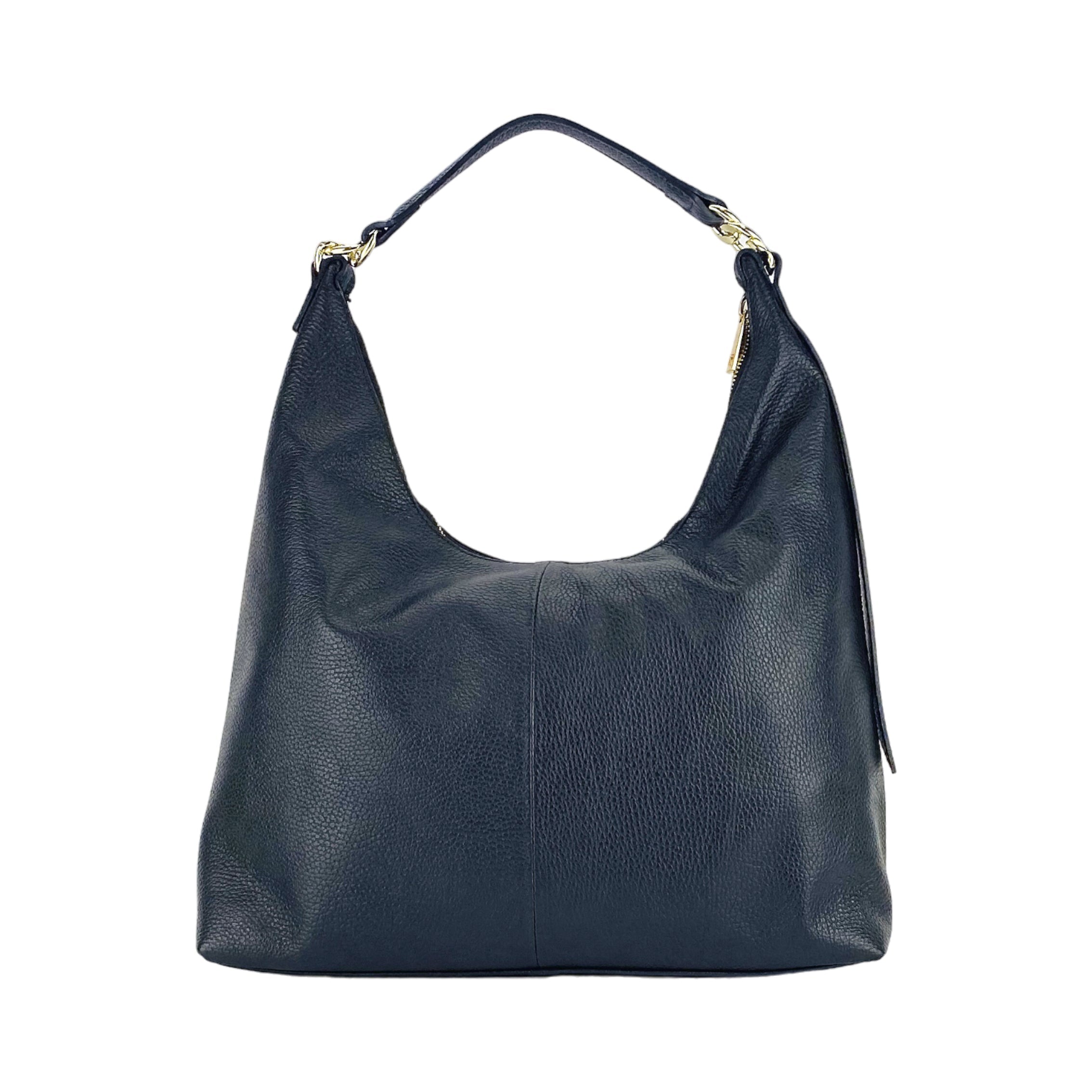 Women's Soft Shoulder Bag in Genuine Leather Made in Italy with a single handle and removable shoulder strap. Attachments with shiny gold metal snap hooks - Black