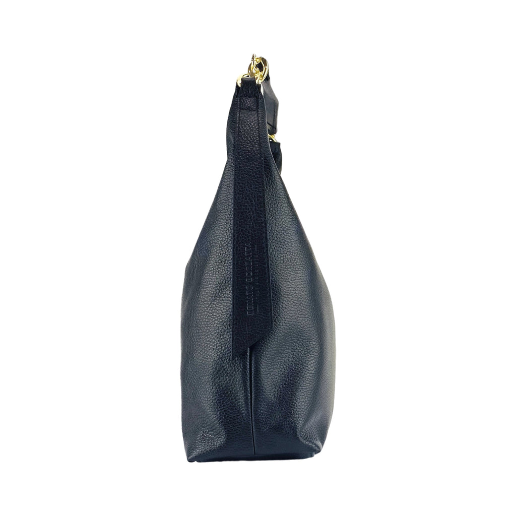 Women's Soft Shoulder Bag in Genuine Leather Made in Italy with a single handle and removable shoulder strap. Attachments with shiny gold metal snap hooks - Black