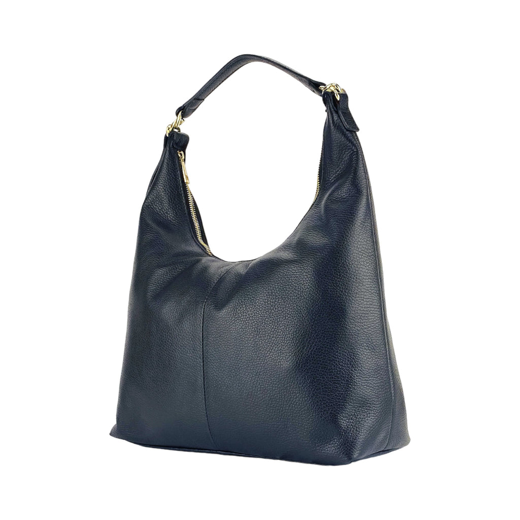Women's Soft Shoulder Bag in Genuine Leather Made in Italy with a single handle and removable shoulder strap. Attachments with shiny gold metal snap hooks - Black