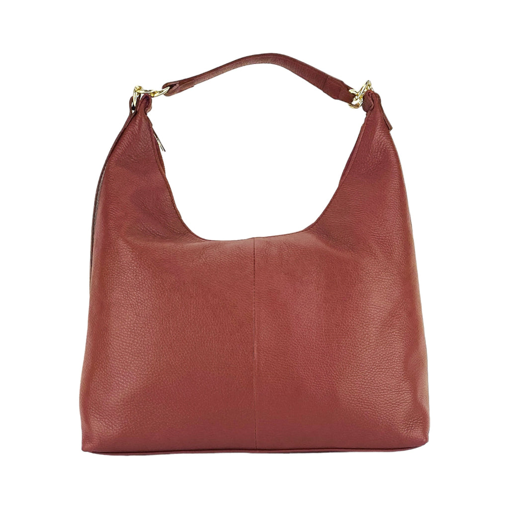 Women's Soft Shoulder Bag in Genuine Leather Made in Italy with removable shoulder strap. Shiny Gold metal snap hook attachments - Ruby color