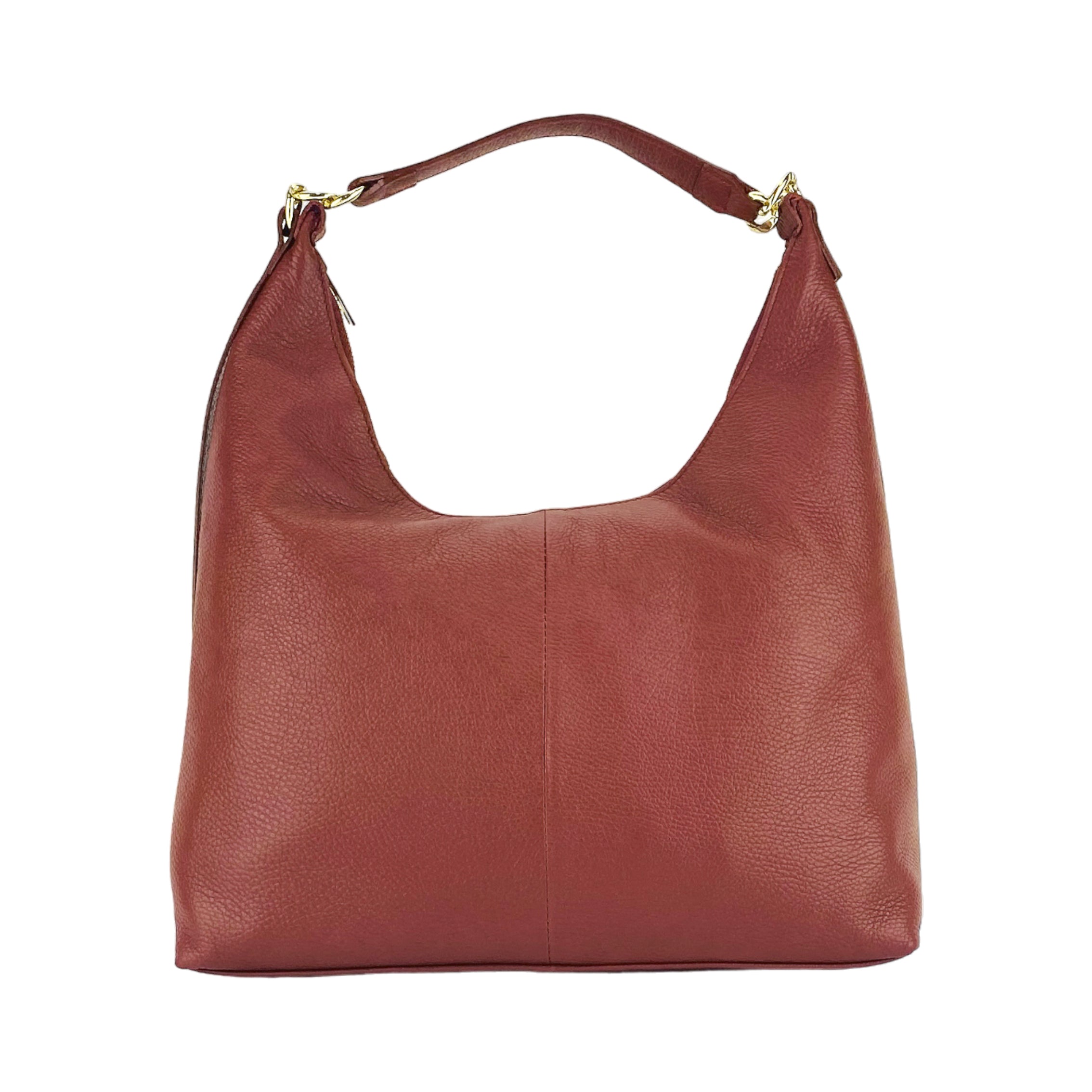 Women's Soft Shoulder Bag in Genuine Leather Made in Italy with removable shoulder strap. Shiny Gold metal snap hook attachments - Ruby color