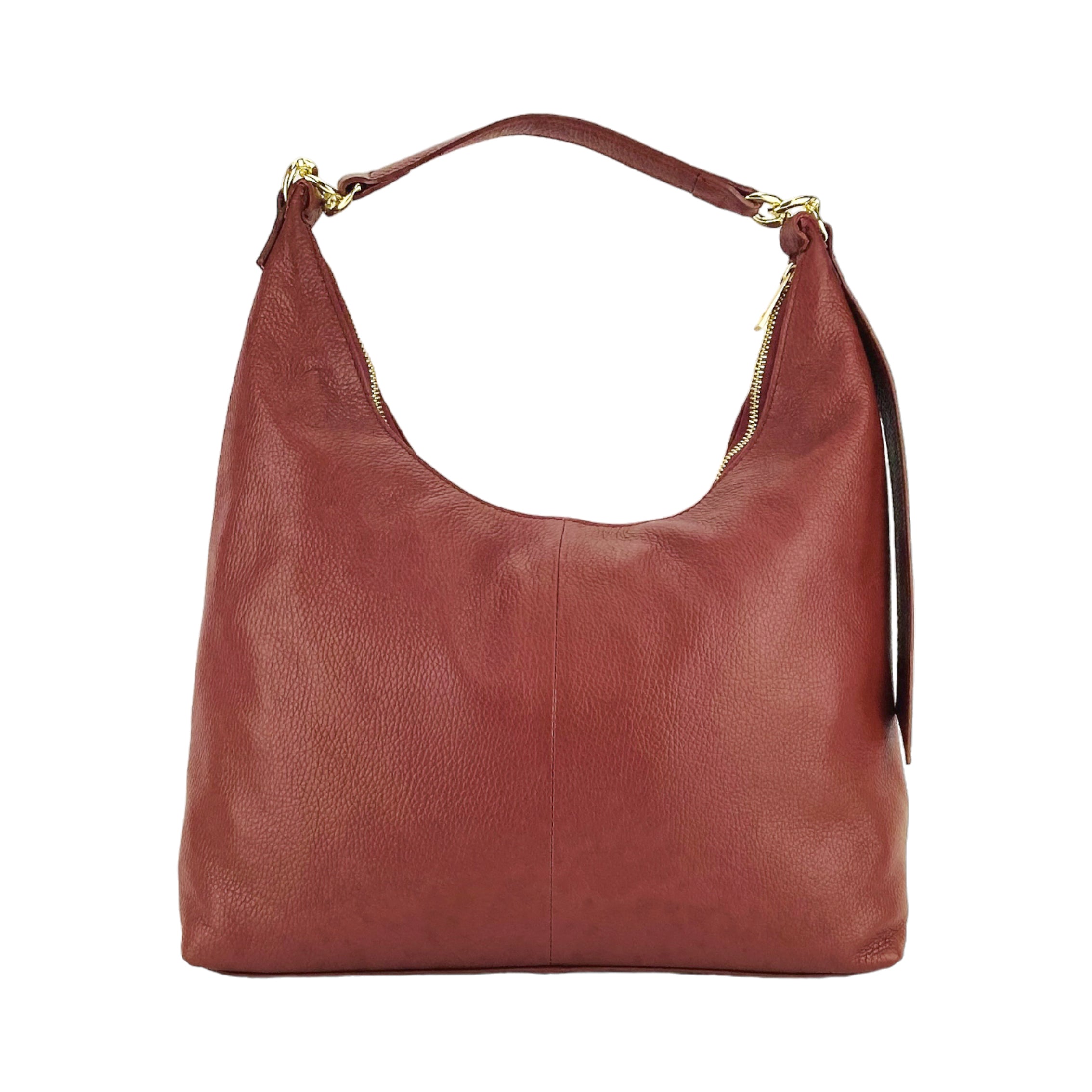 Women's Soft Shoulder Bag in Genuine Leather Made in Italy with removable shoulder strap. Shiny Gold metal snap hook attachments - Ruby color