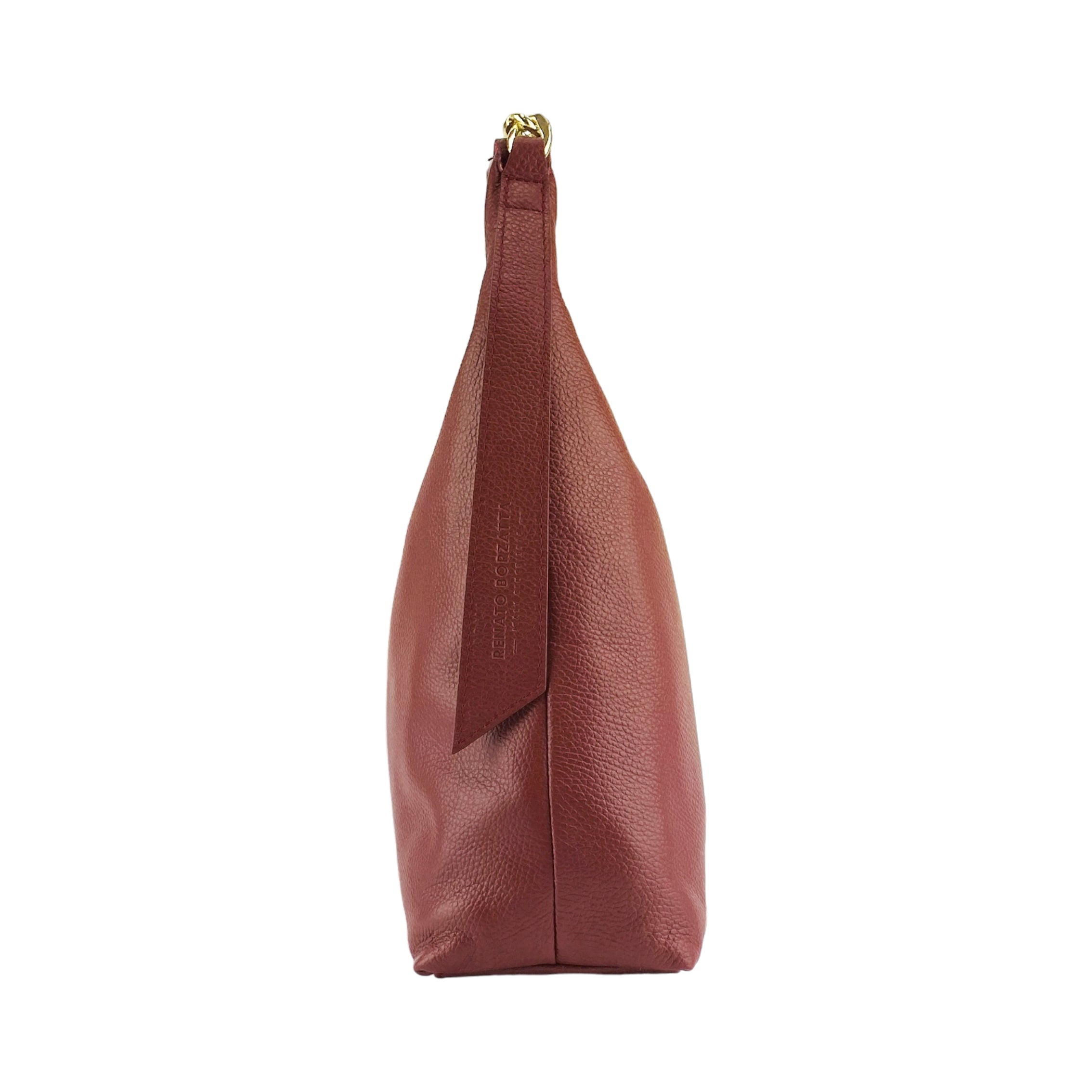 Women's Soft Shoulder Bag in Genuine Leather Made in Italy with removable shoulder strap. Shiny Gold metal snap hook attachments - Ruby color