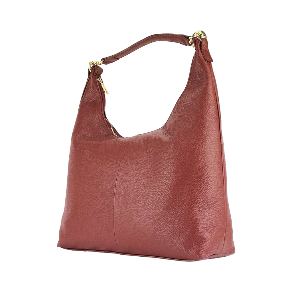 Women's Soft Shoulder Bag in Genuine Leather Made in Italy with removable shoulder strap. Shiny Gold metal snap hook attachments - Ruby color