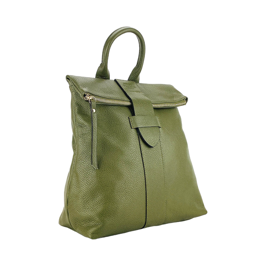 Women's Soft Backpack in Genuine Leather Made in Italy with Adjustable Shoulder Straps. Shiny Gold Metal Zipper and Accessories - Green Color