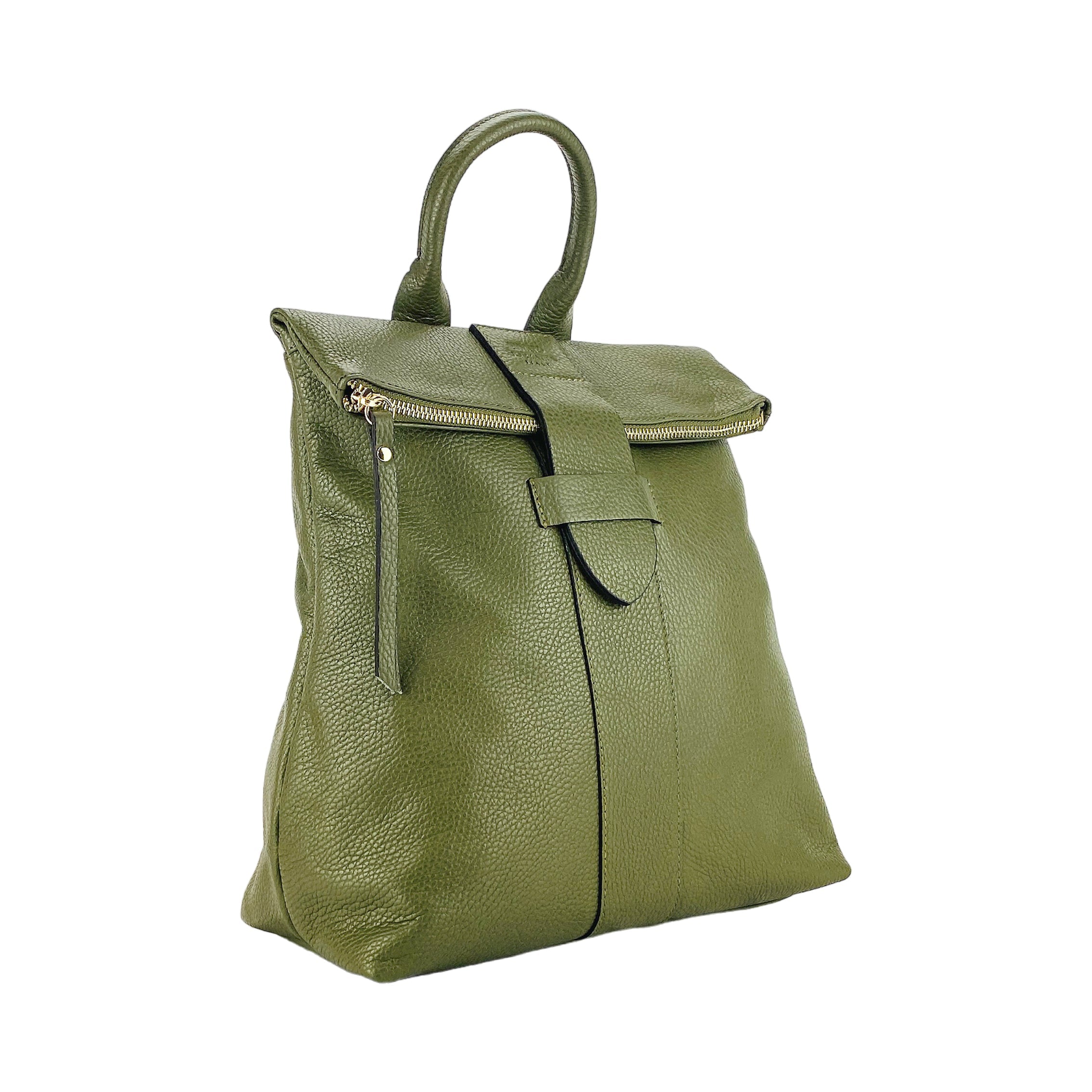 Women's Soft Backpack in Genuine Leather Made in Italy with Adjustable Shoulder Straps. Shiny Gold Metal Zipper and Accessories - Green Color