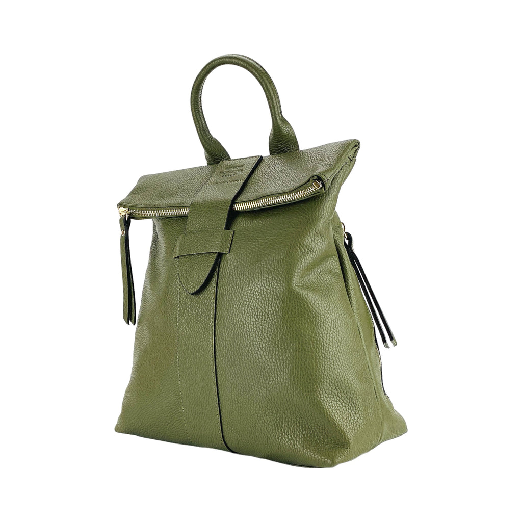 Women's Soft Backpack in Genuine Leather Made in Italy with Adjustable Shoulder Straps. Shiny Gold Metal Zipper and Accessories - Green Color