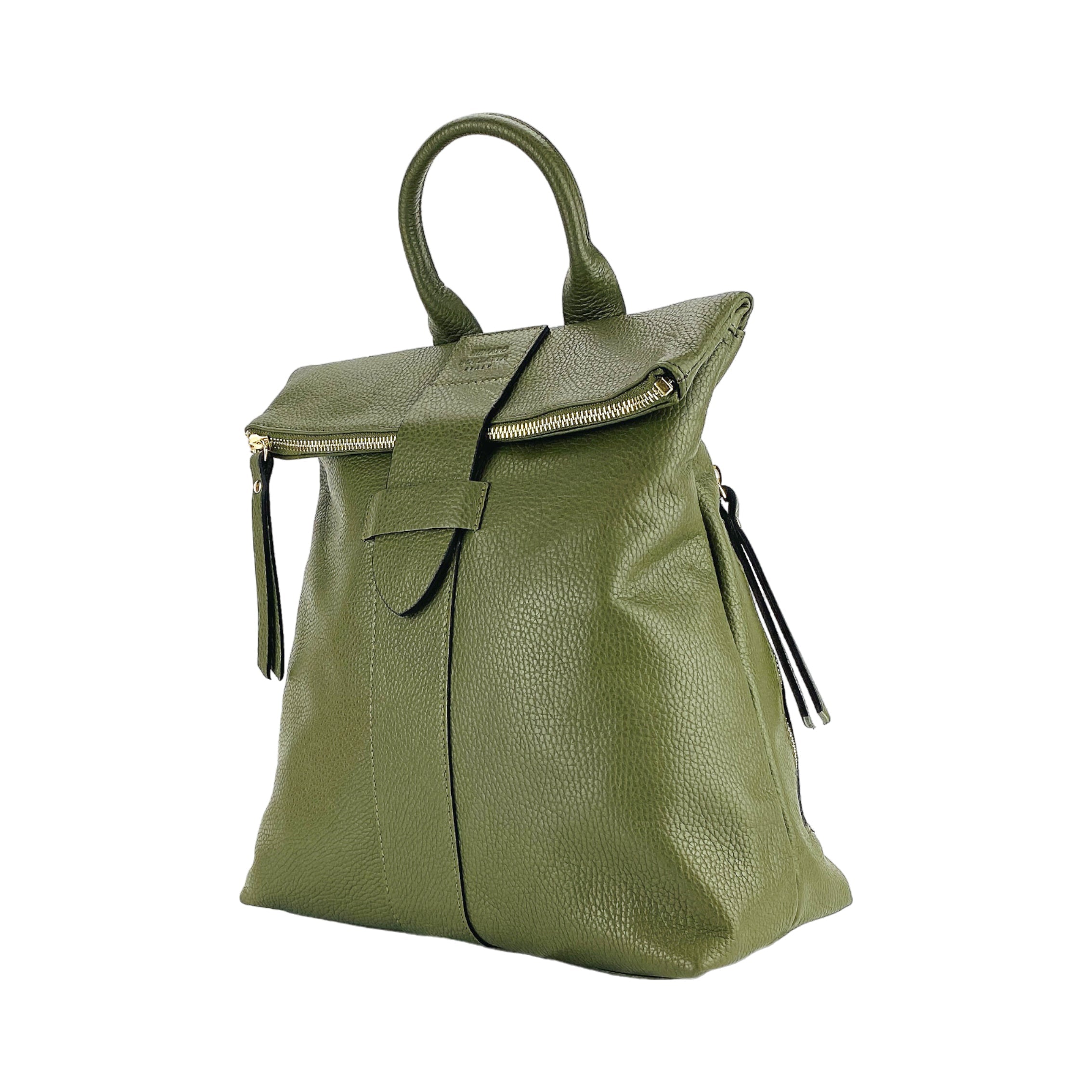 Women's Soft Backpack in Genuine Leather Made in Italy with Adjustable Shoulder Straps. Shiny Gold Metal Zipper and Accessories - Green Color