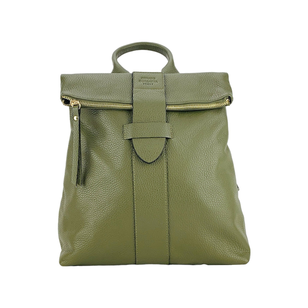 Women's Soft Backpack in Genuine Leather Made in Italy with Adjustable Shoulder Straps. Shiny Gold Metal Zipper and Accessories - Green Color