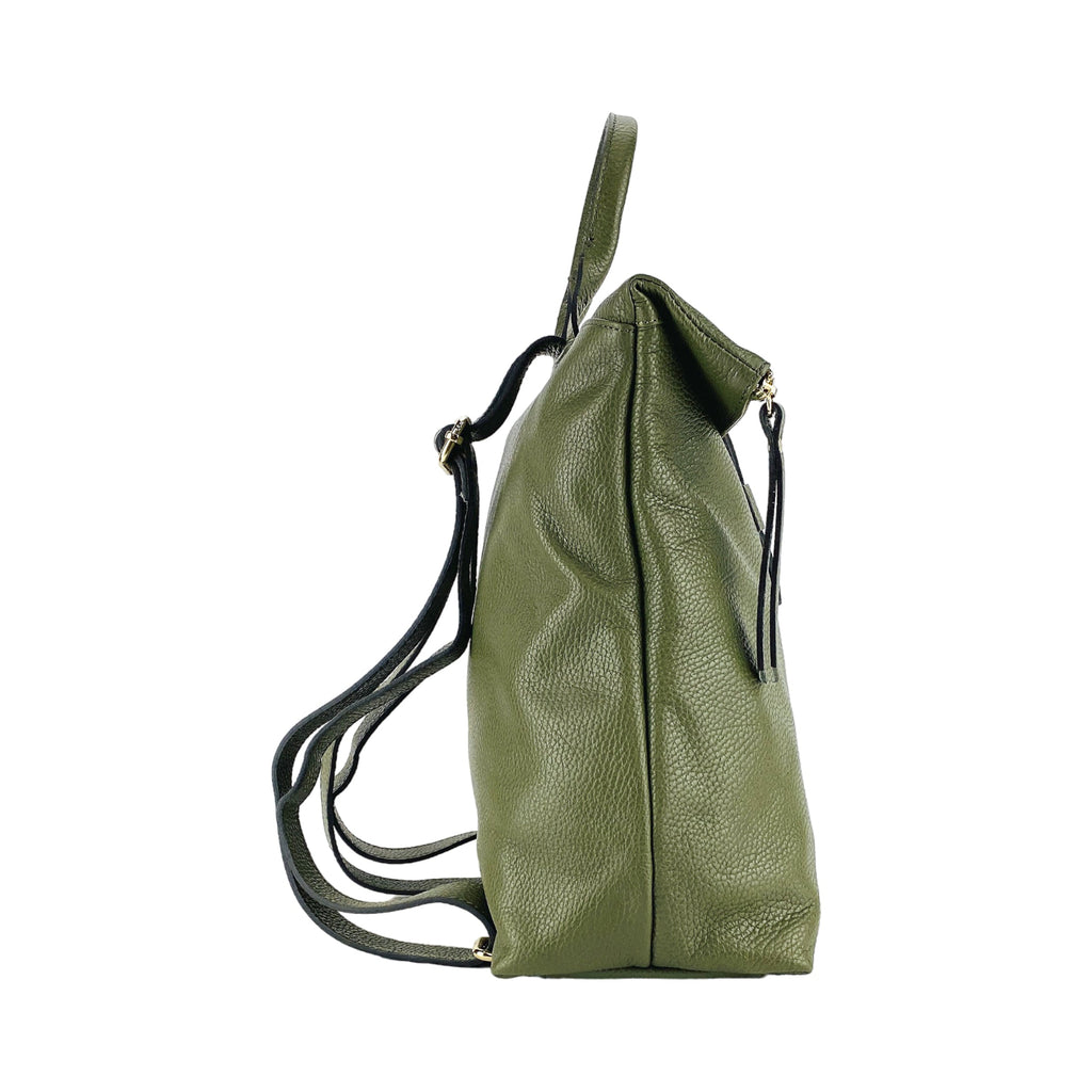 Women's Soft Backpack in Genuine Leather Made in Italy with Adjustable Shoulder Straps. Shiny Gold Metal Zipper and Accessories - Green Color