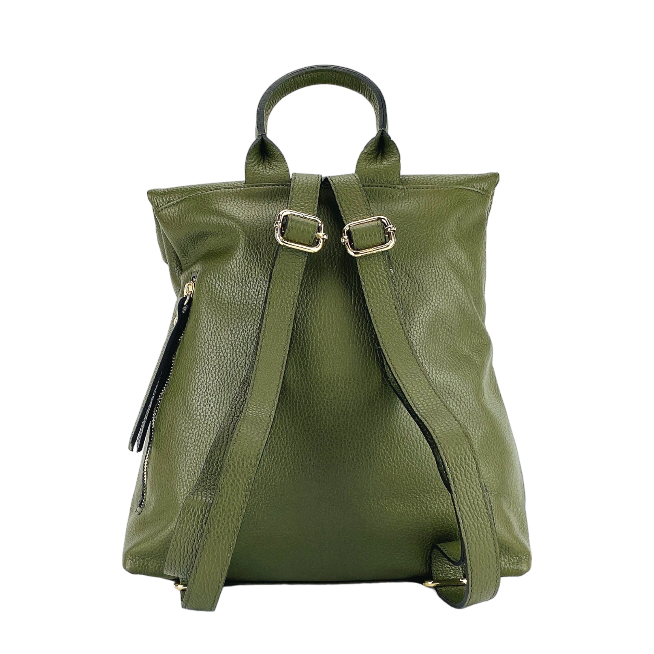 Women's Soft Backpack in Genuine Leather Made in Italy with Adjustable Shoulder Straps. Shiny Gold Metal Zipper and Accessories - Green Color