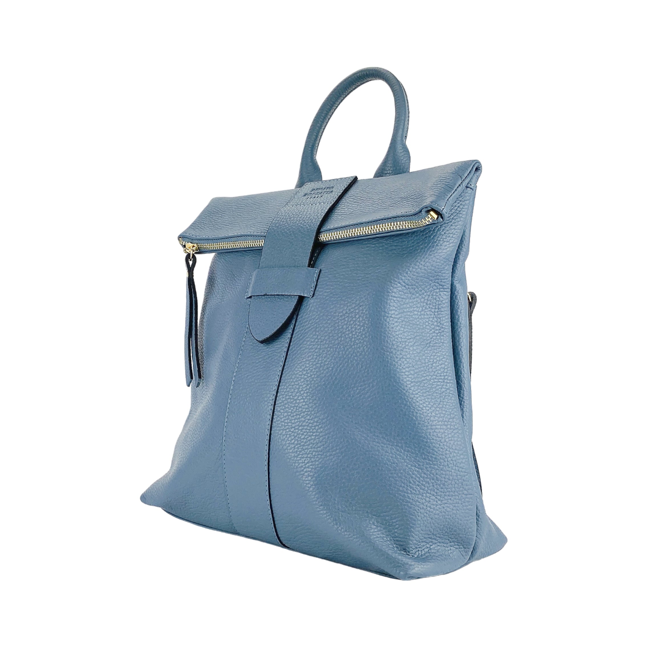 Soft Backpack in Genuine Leather Made in Italy with Adjustable Shoulder Straps. Shiny Gold Metal Zipper and Accessories - Avio