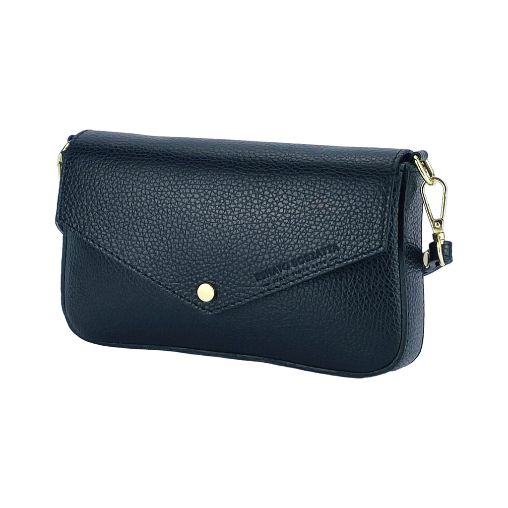 Small Shoulder Bag with Removable Chain Strap in Genuine Leather Made in Italy. Flap Closure. Polished Gold Metal Accessories - Black