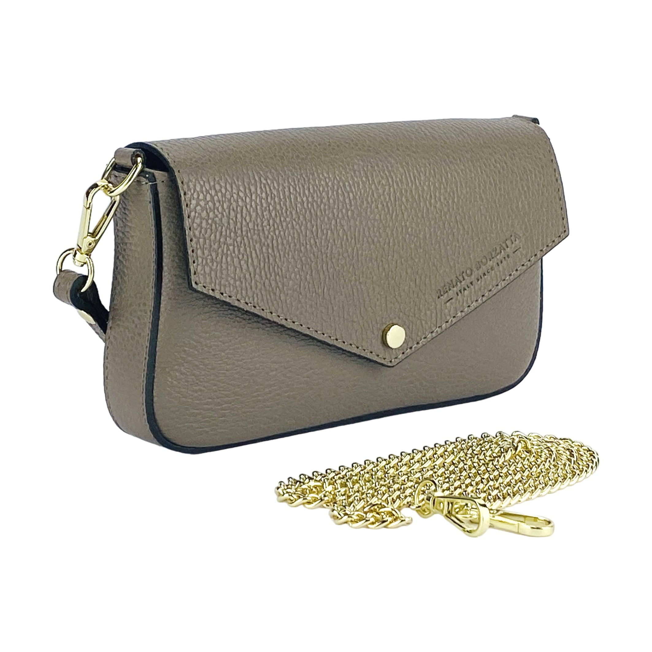 RB1023AQ | Small Shoulder Bag with Removable Chain Strap in Genuine Leather Made in Italy. Flap Closure. Shiny Gold metal hardware - Taupe color - Dimensions: 22 x 12 x 3 cm.-2
