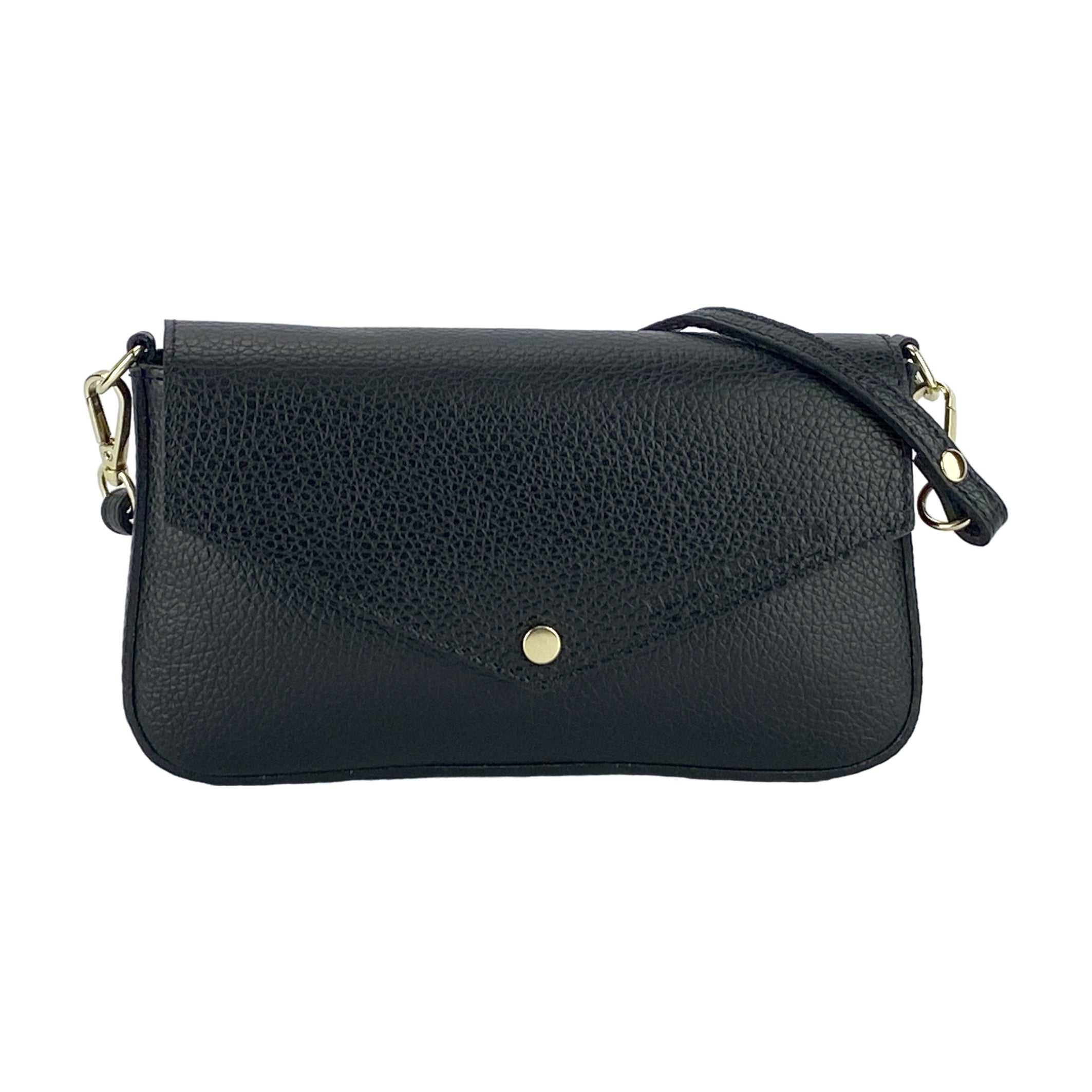 Small Shoulder Bag with Removable Chain Strap in Genuine Leather Made in Italy. Flap Closure. Polished Gold Metal Accessories - Black