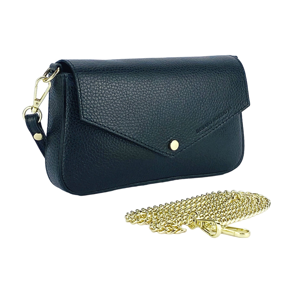 Small Shoulder Bag with Removable Chain Strap in Genuine Leather Made in Italy. Flap Closure. Polished Gold Metal Accessories - Black