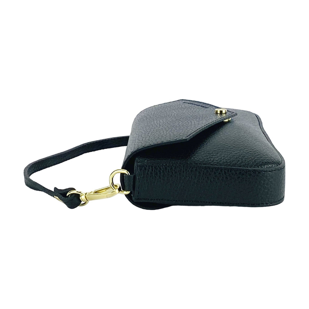 Small Shoulder Bag with Removable Chain Strap in Genuine Leather Made in Italy. Flap Closure. Polished Gold Metal Accessories - Black