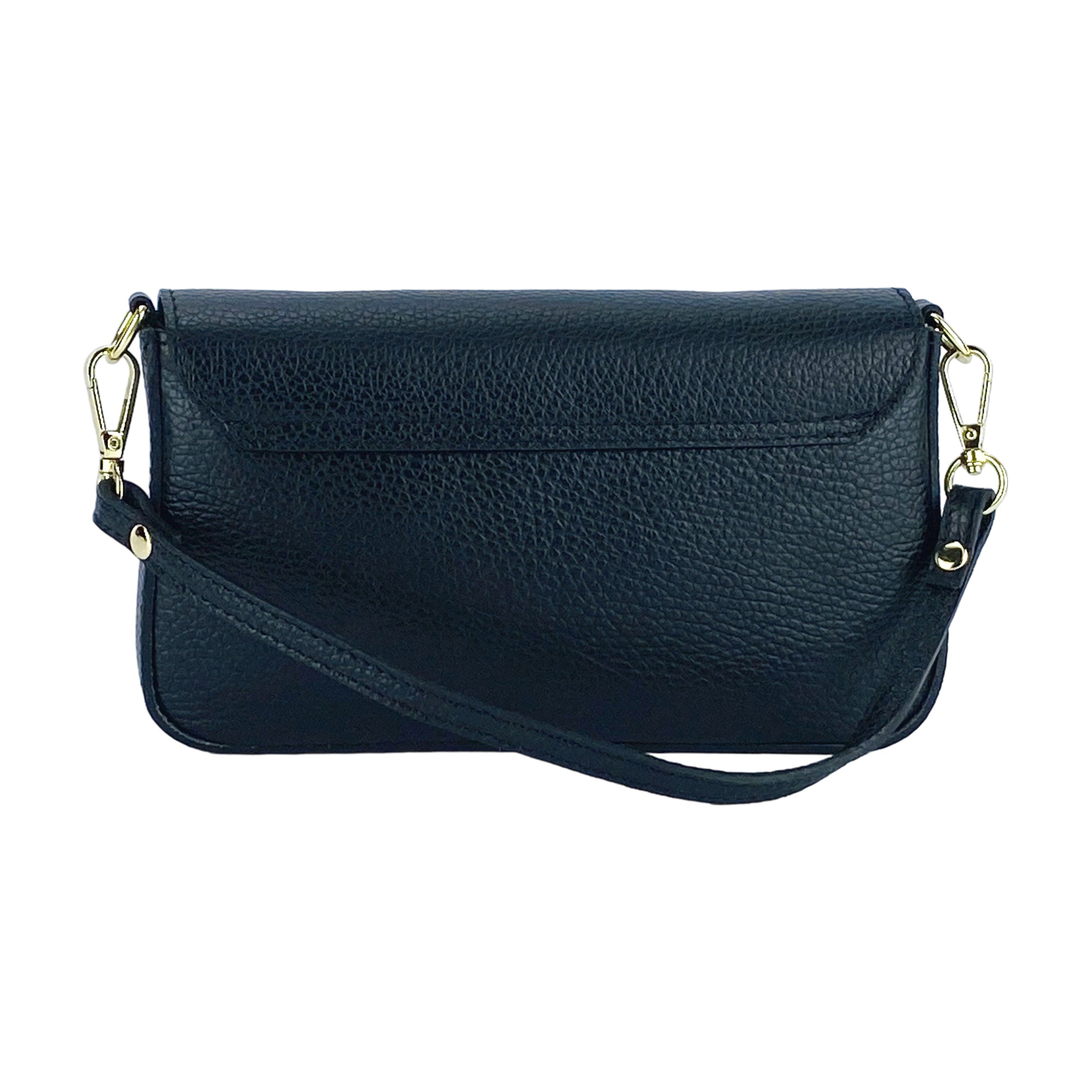 Small Shoulder Bag with Removable Chain Strap in Genuine Leather Made in Italy. Flap Closure. Polished Gold Metal Accessories - Black
