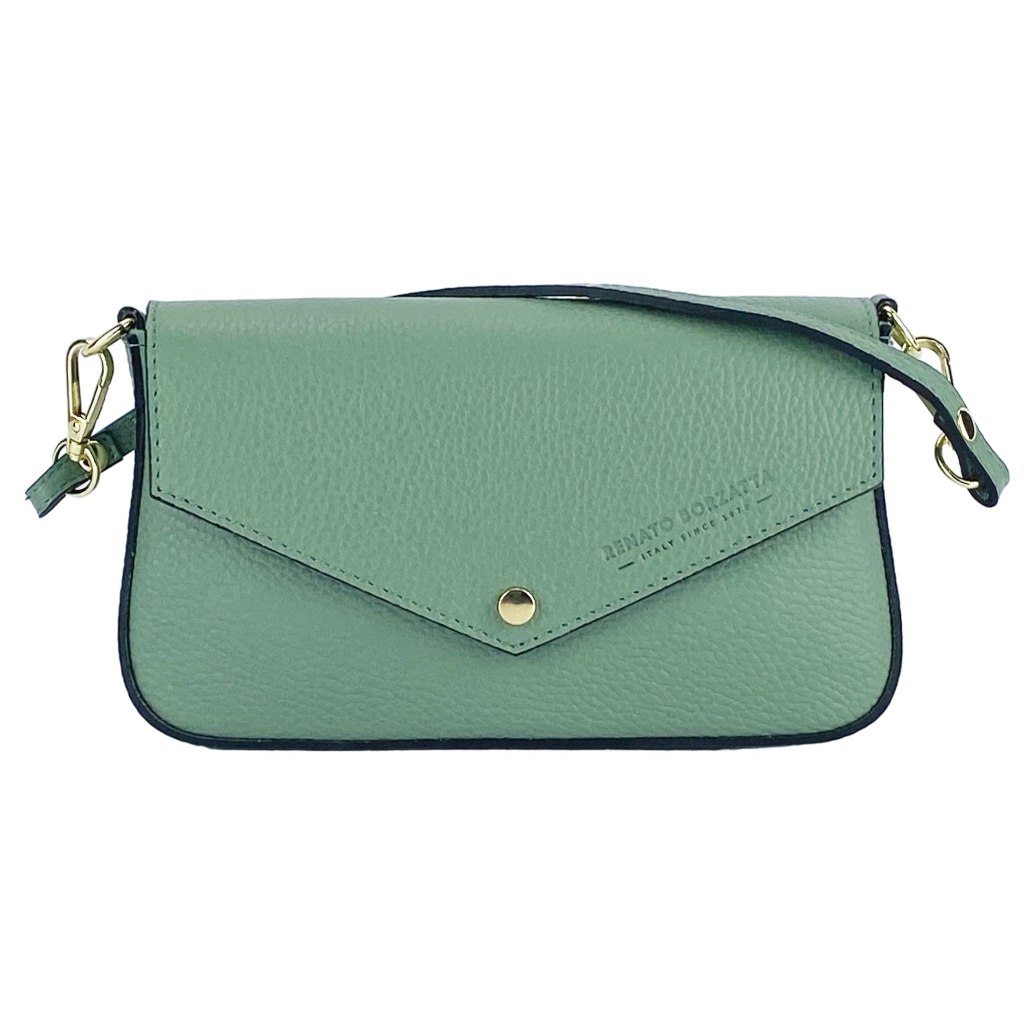 RB1023BF | Small Shoulder Bag with Removable Chain Strap in Genuine Leather Made in Italy. Flap Closure. Shiny Gold metal hardware - Mint color - Dimensions: 22 x 12 x 3 cm.-1