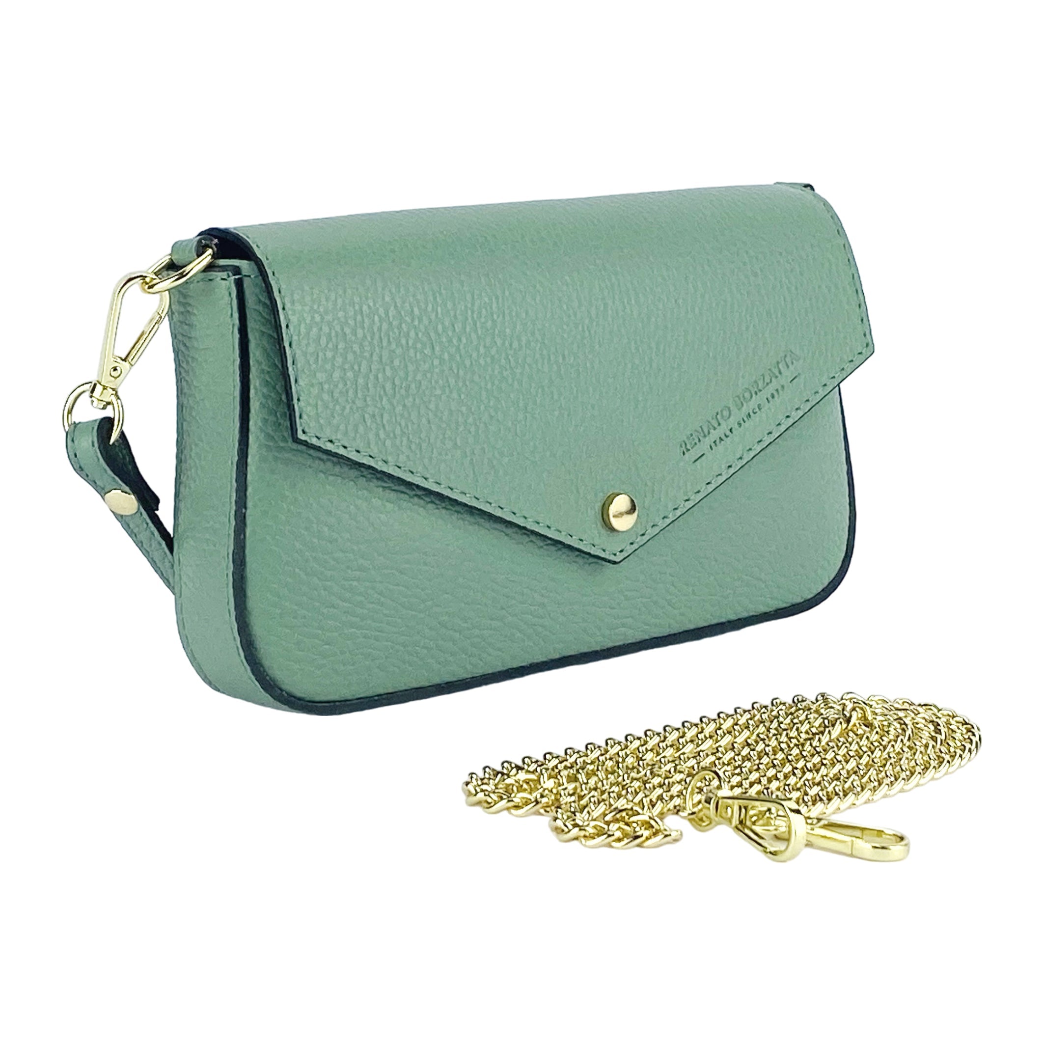 RB1023BF | Small Shoulder Bag with Removable Chain Strap in Genuine Leather Made in Italy. Flap Closure. Shiny Gold metal hardware - Mint color - Dimensions: 22 x 12 x 3 cm.-2